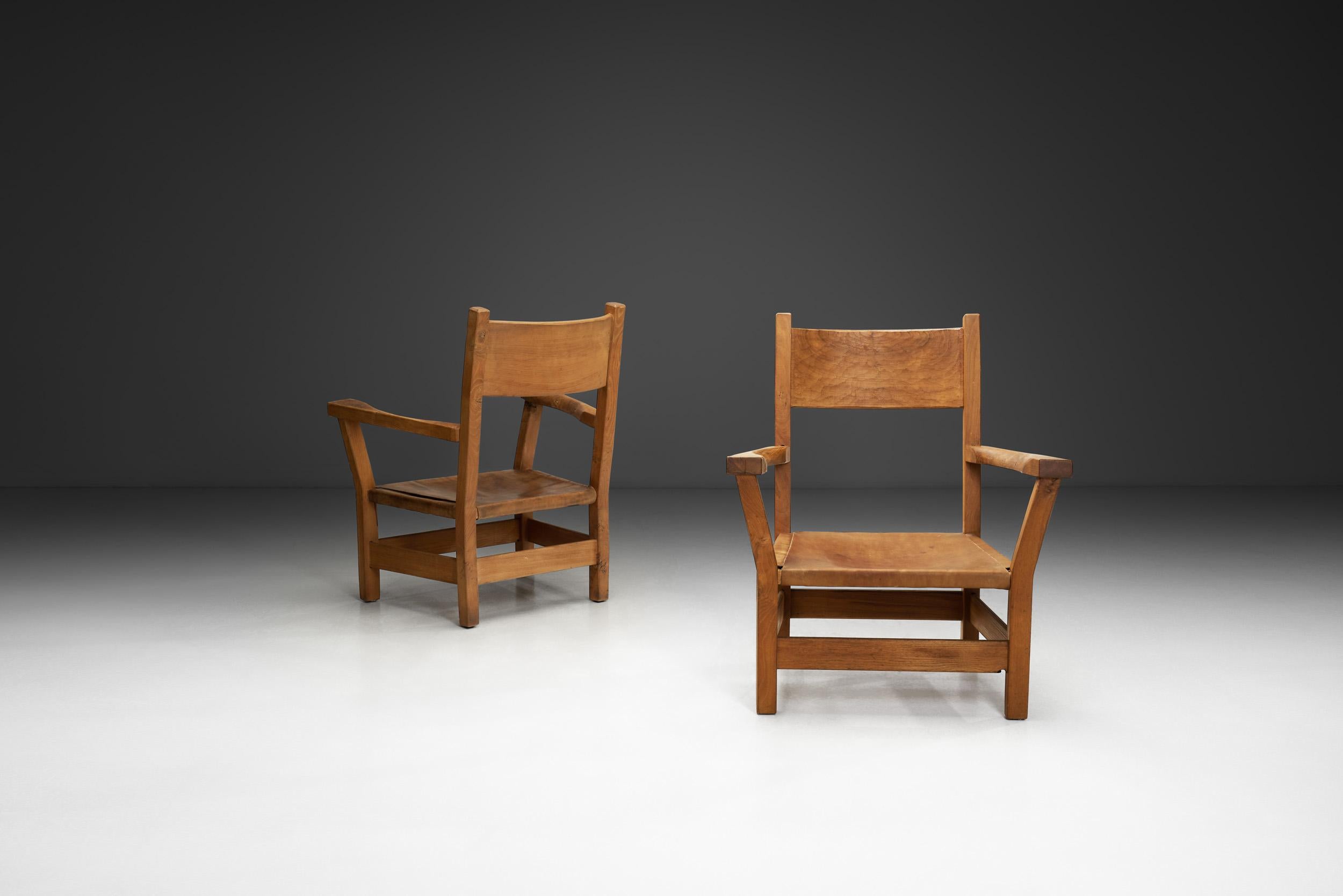 Late 20th Century Pair of Brutalist Armchairs with Leather Seats, Europe 1970s For Sale