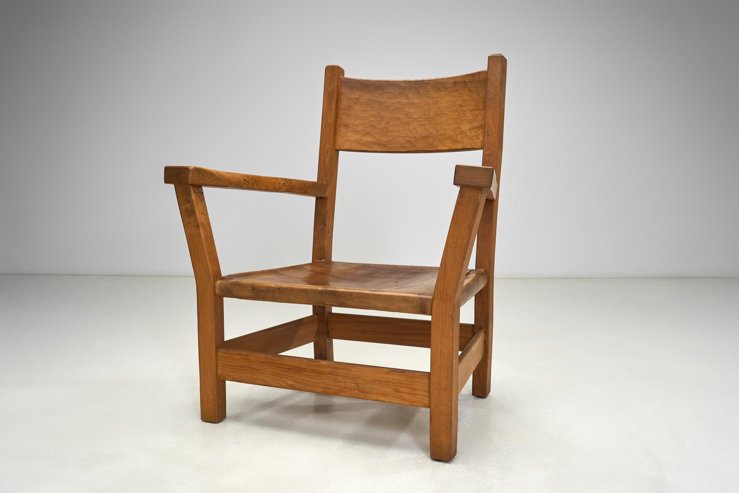 Pair of Brutalist Armchairs with Leather Seats, Europe 1970s For Sale 1