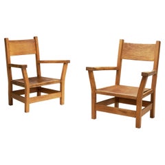 Pair of Brutalist Armchairs with Leather Seats, Europe 1970s Pair of Brutalist Armchairs with Leather Seats, Europe 1970s