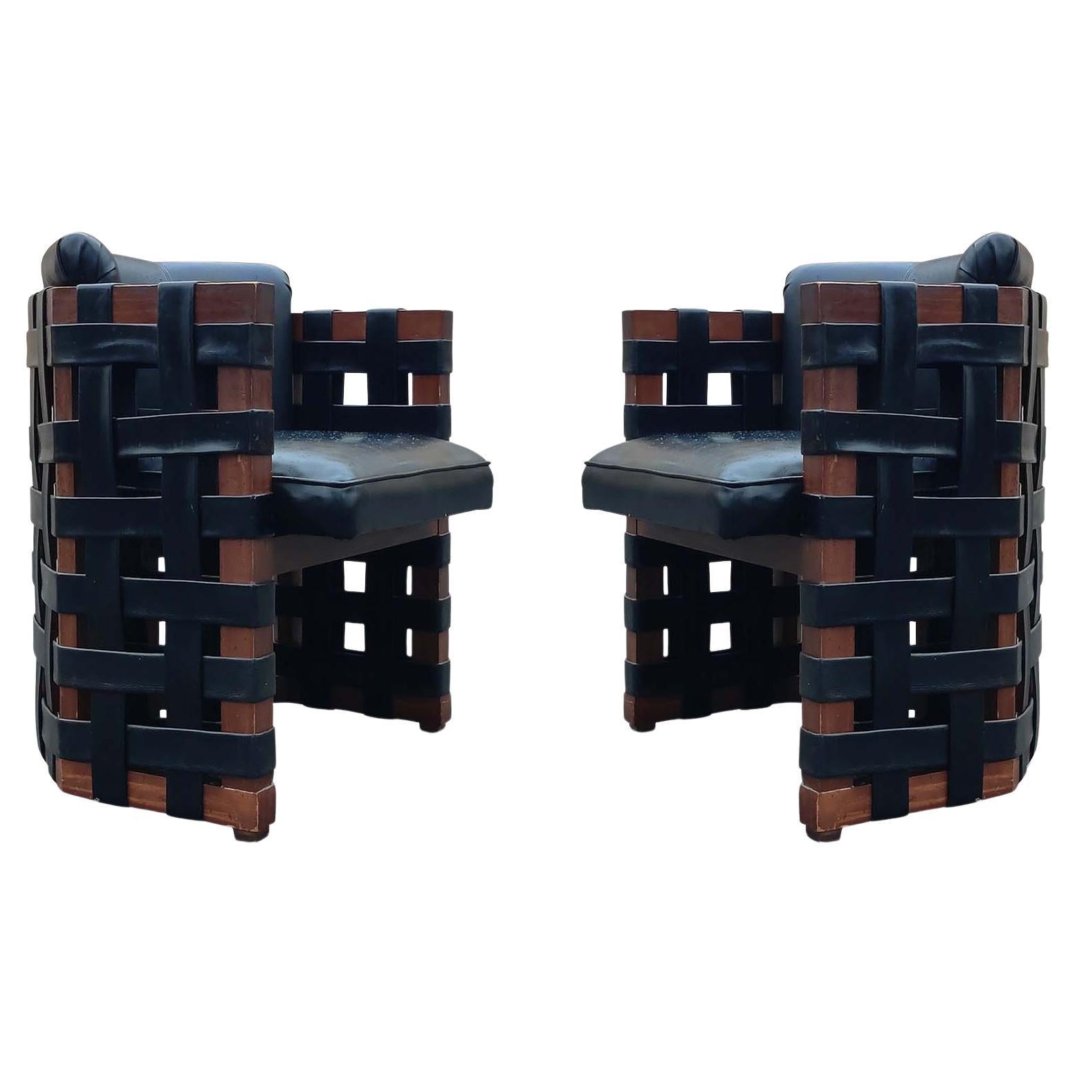 Pair of Brutalist Armchairs Woven Strap Leatherette Wood Frames, Circa 1960s For Sale