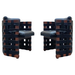Pareja de Sillones Brutalistas Marcos de Madera de Polipiel Tejida, Circa 1960
