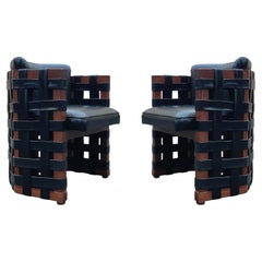 Pair of Brutalist Armchairs Woven Strap Leatherette Wood Frames, Circa 1960s