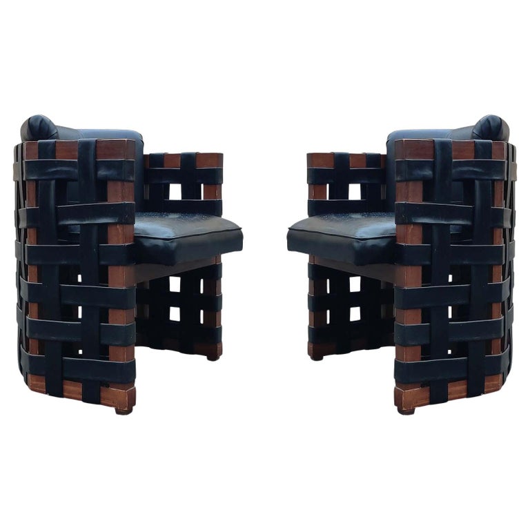 Pair of Brutalist Armchairs Woven Strap Leatherette Wood Frames, Circa 1960s For Sale