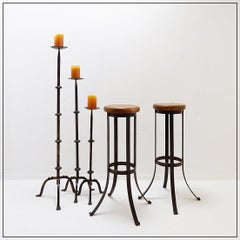 Coppia di sgabelli da bar brutalisti in Oak e ferro battuto, anni '60