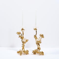 Pair of Brutalist Baroque 24-Karat Gilded Bronze Candlesticks by Claude Boeltz