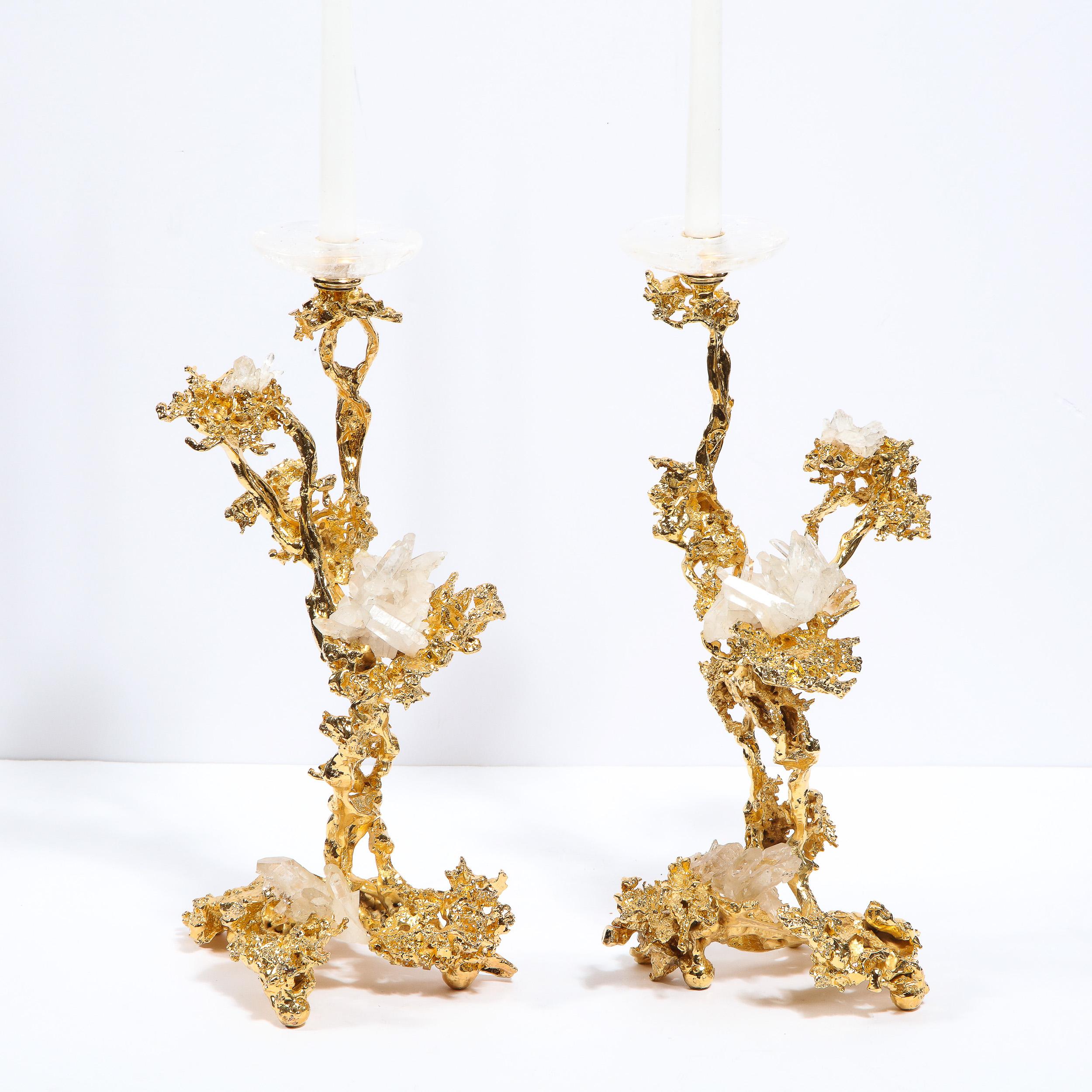 Modern Pair of Brutalist Baroque 24-Karat Gilded Bronze Candlesticks by Claude Boeltz