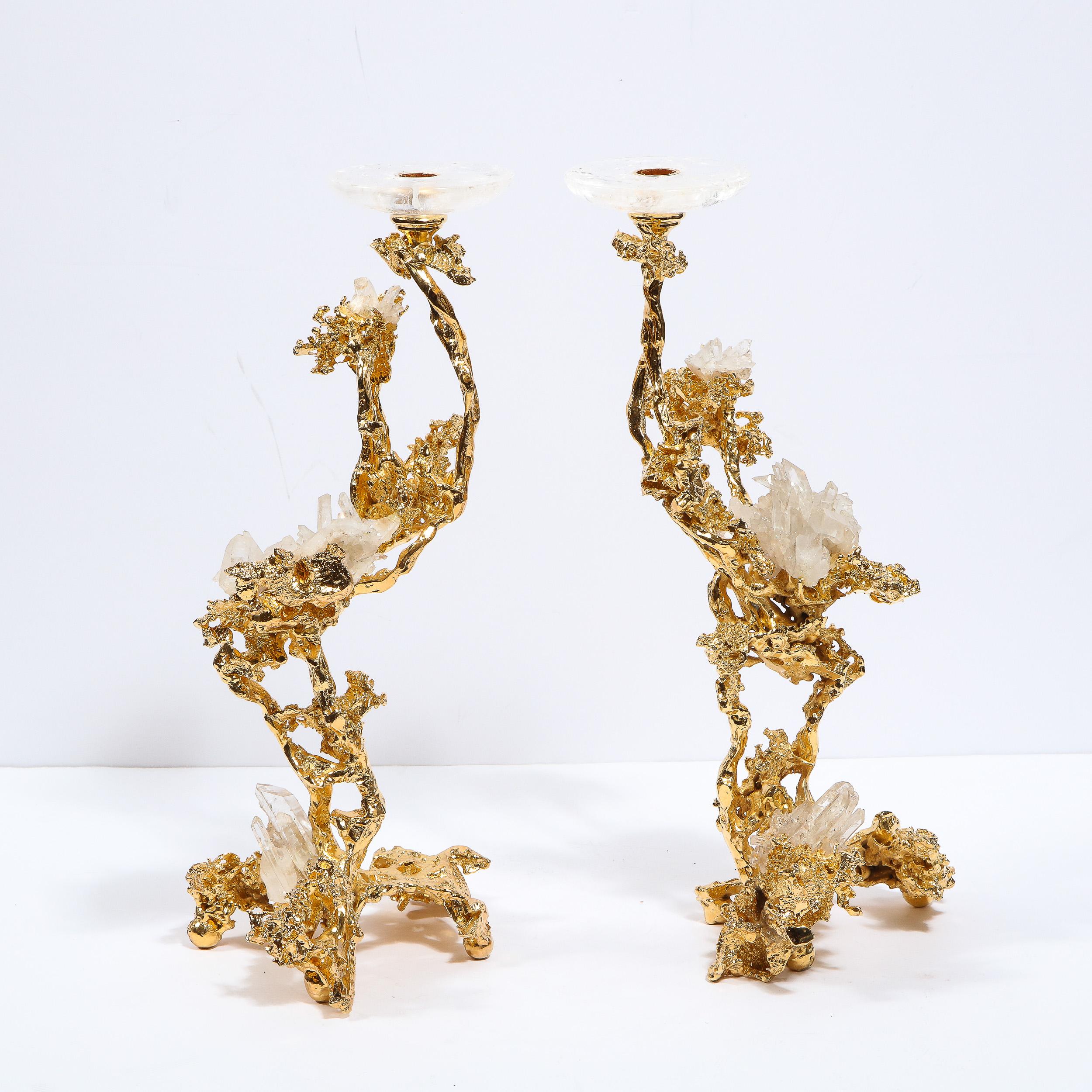 Gilt Pair of Brutalist Baroque 24-Karat Gilded Bronze Candlesticks by Claude Boeltz