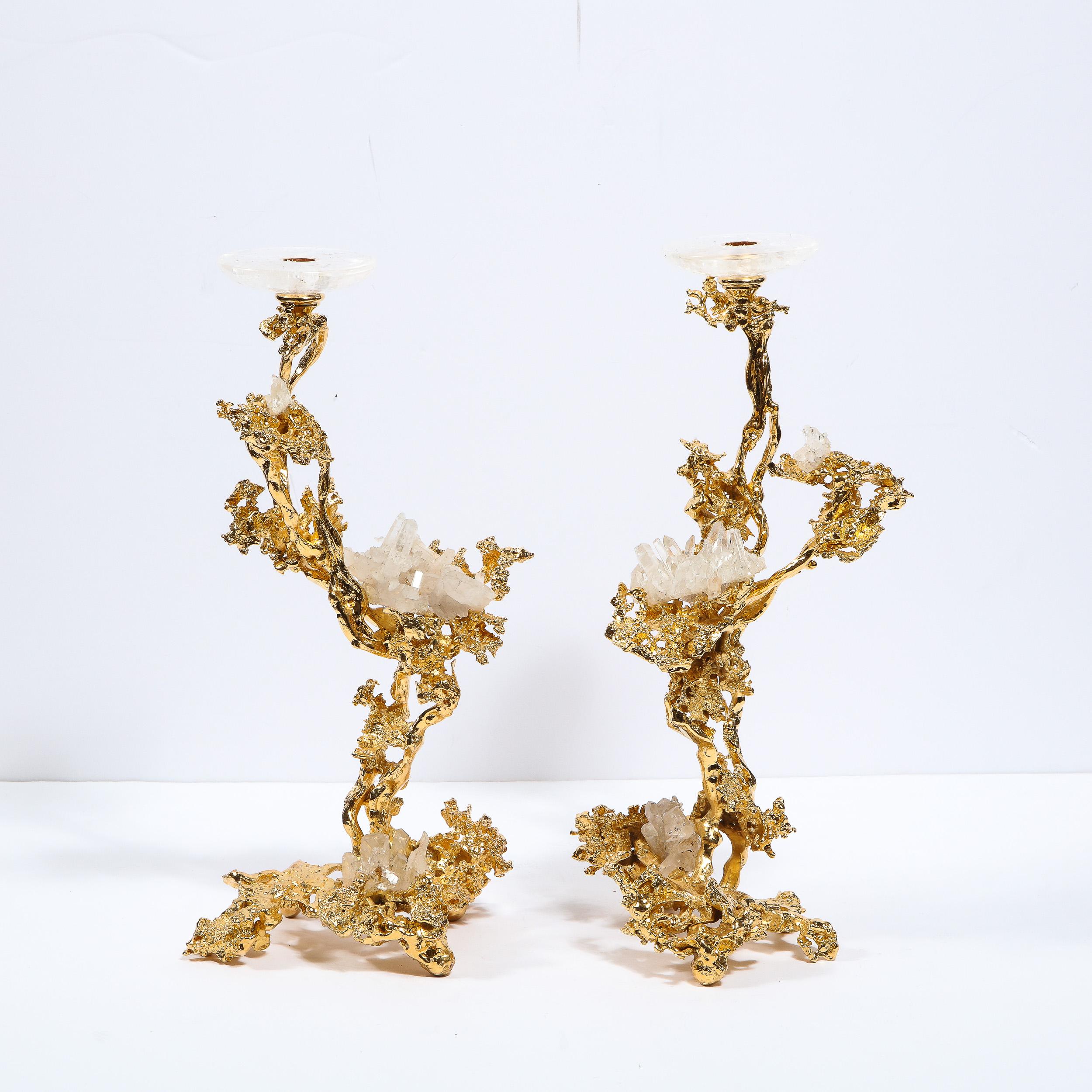 Pair of Brutalist Baroque 24-Karat Gilded Bronze Candlesticks by Claude Boeltz In Excellent Condition In New York, NY