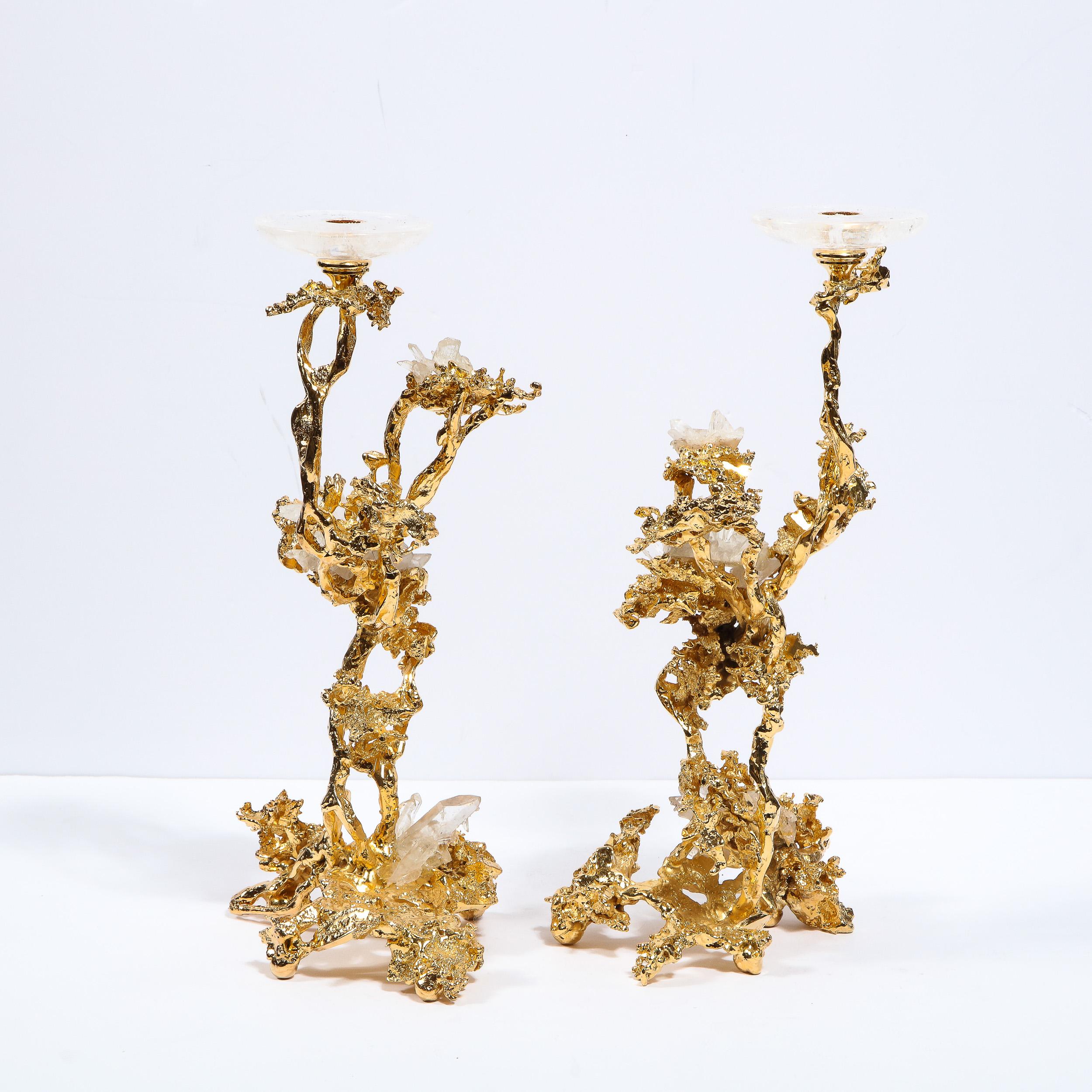 20th Century Pair of Brutalist Baroque 24-Karat Gilded Bronze Candlesticks by Claude Boeltz