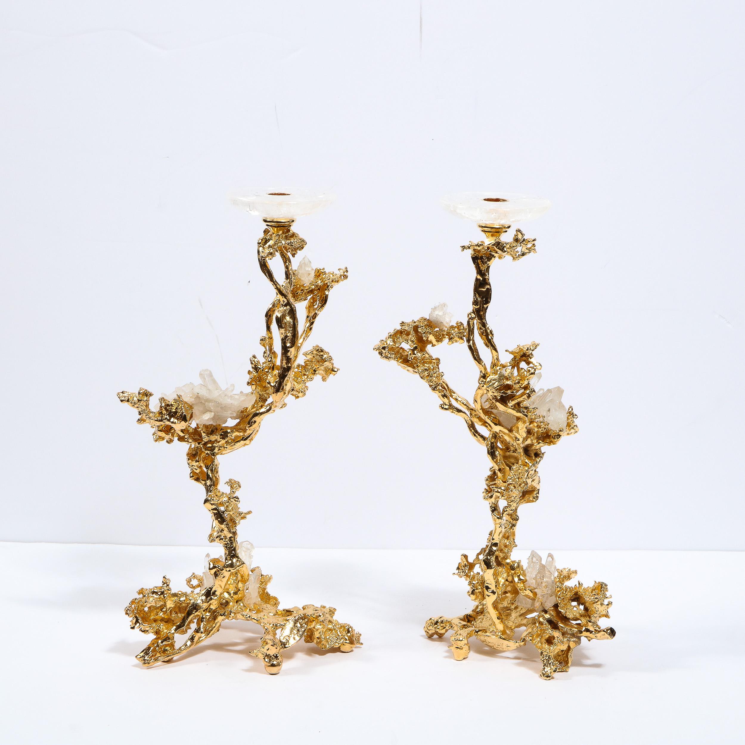 Pair of Brutalist Baroque 24-Karat Gilded Bronze Candlesticks by Claude Boeltz 1