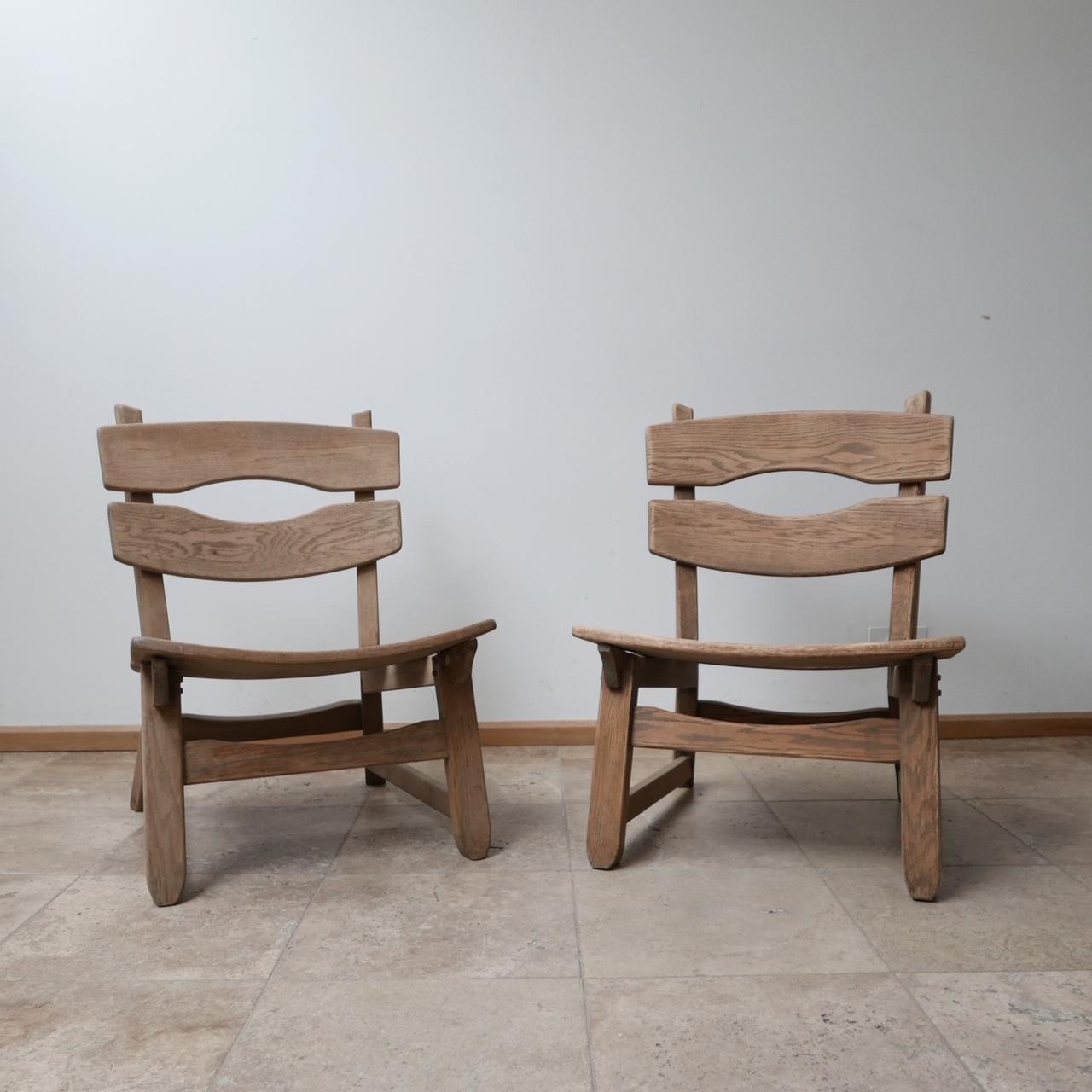Belgian Pair of Brutalist Belgium Oak Lounge Easy Chairs