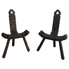 Pair of Brutalist Black Forest Style Low Tripode Mountain Chairs, circa 1950