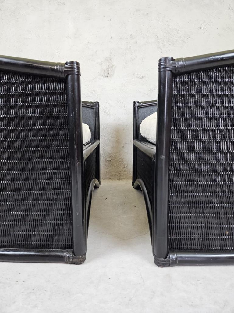 French Pair Of Brutalist Black Rattan Lounge Chairs For Sale