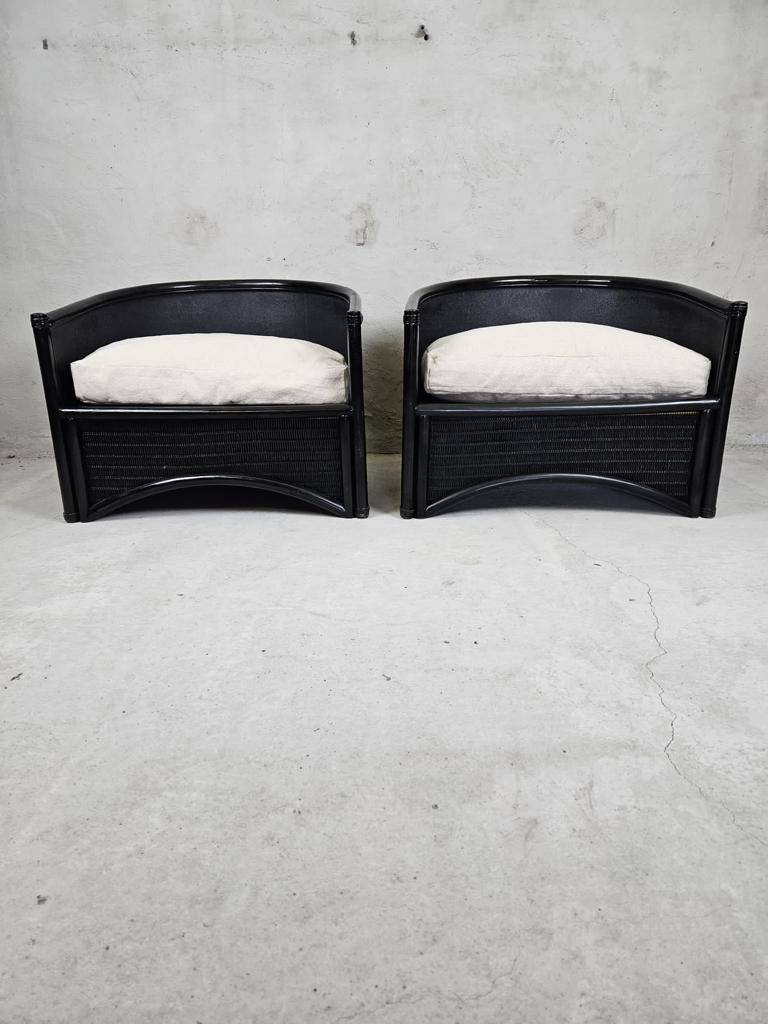 Pair Of Brutalist Black Rattan Lounge Chairs For Sale 1