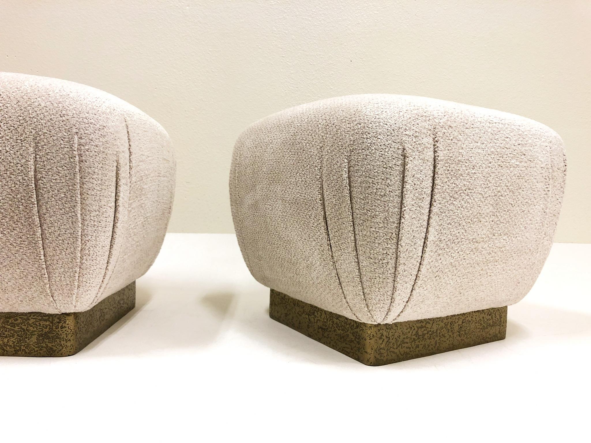 Pair of Brutalist Brass and Fabric Poufs by Marge Carson 5