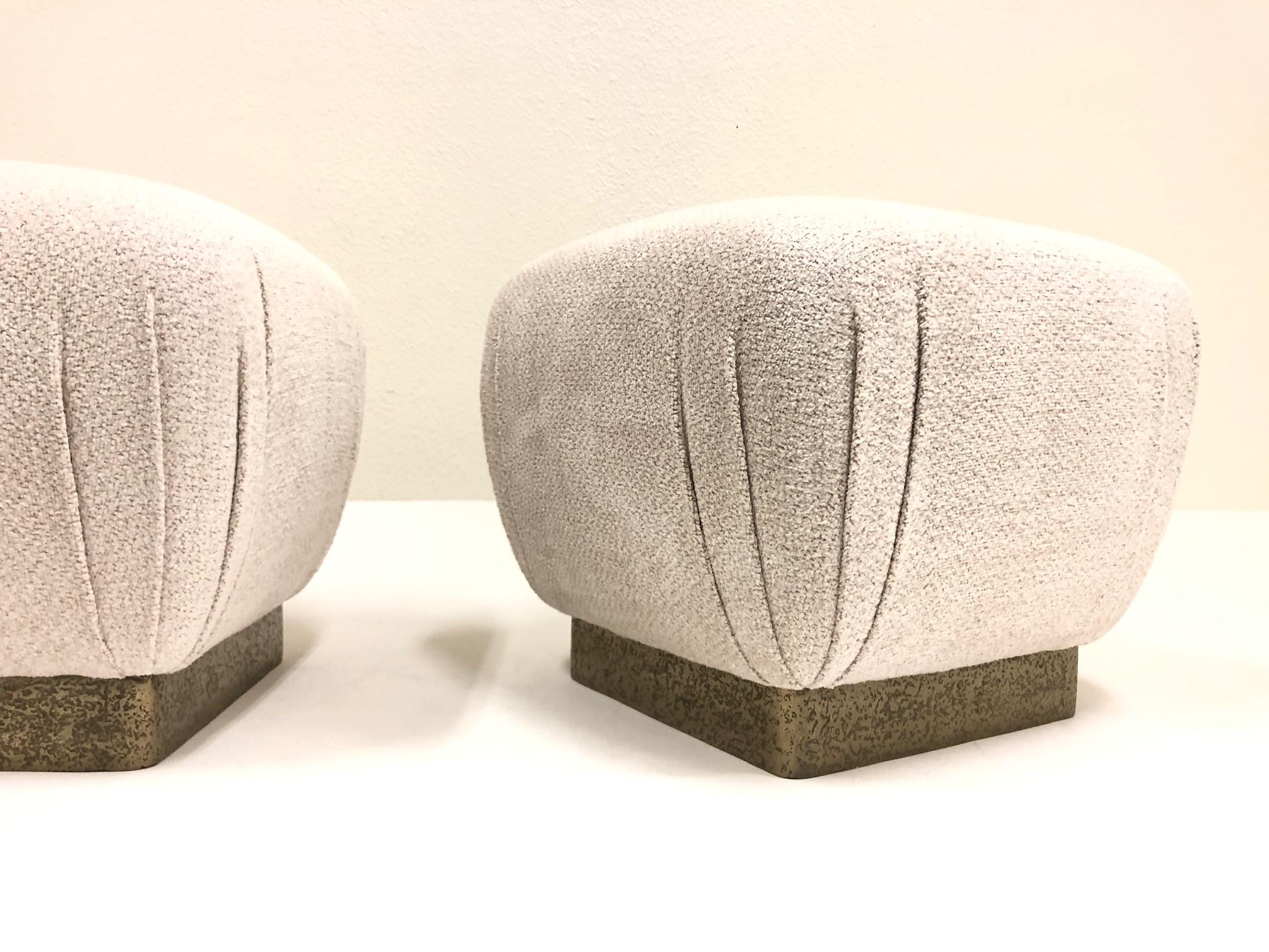 Pair of Brutalist Brass and Fabric Poufs by Marge Carson 6