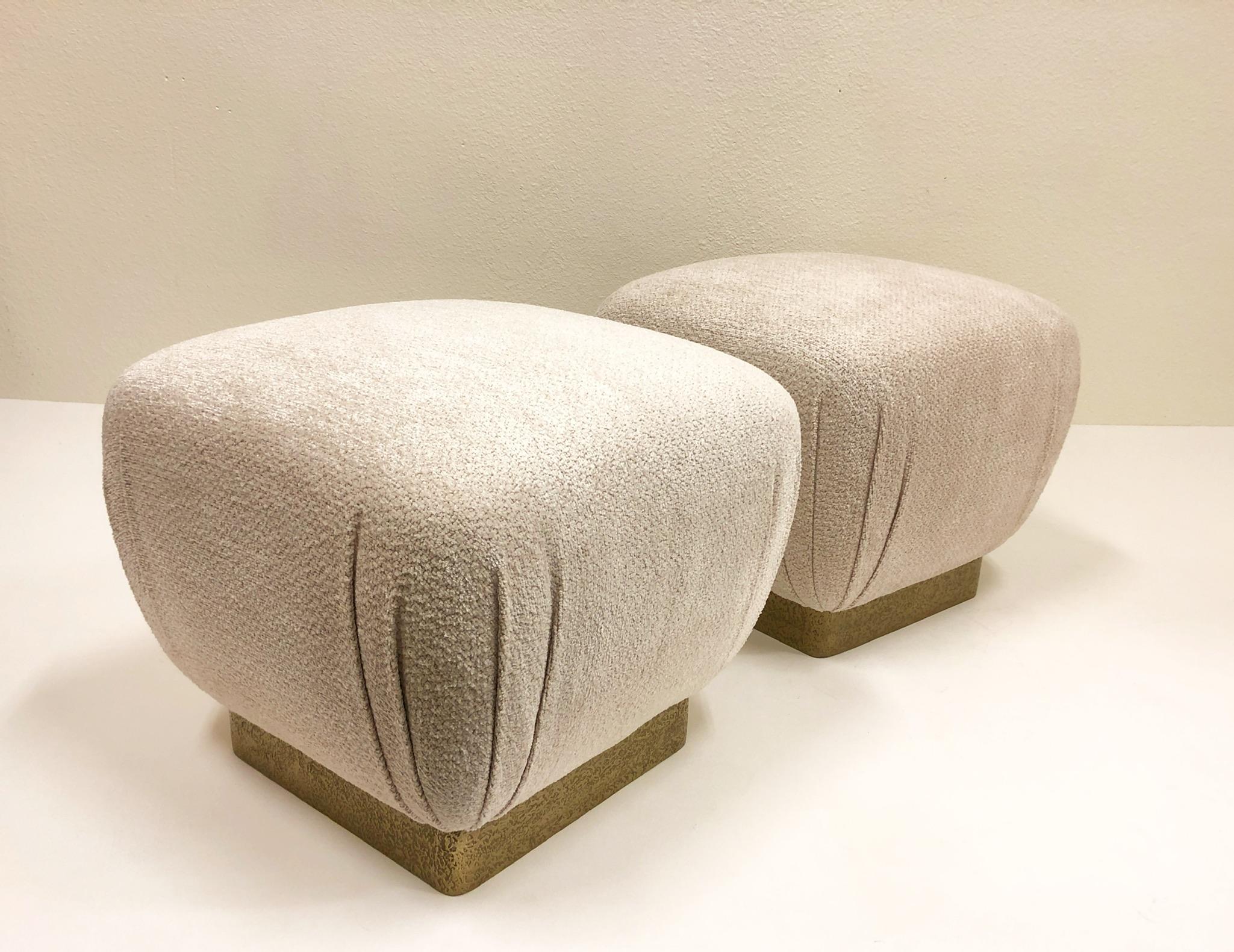 Pair of Brutalist Brass and Fabric Poufs by Marge Carson 7