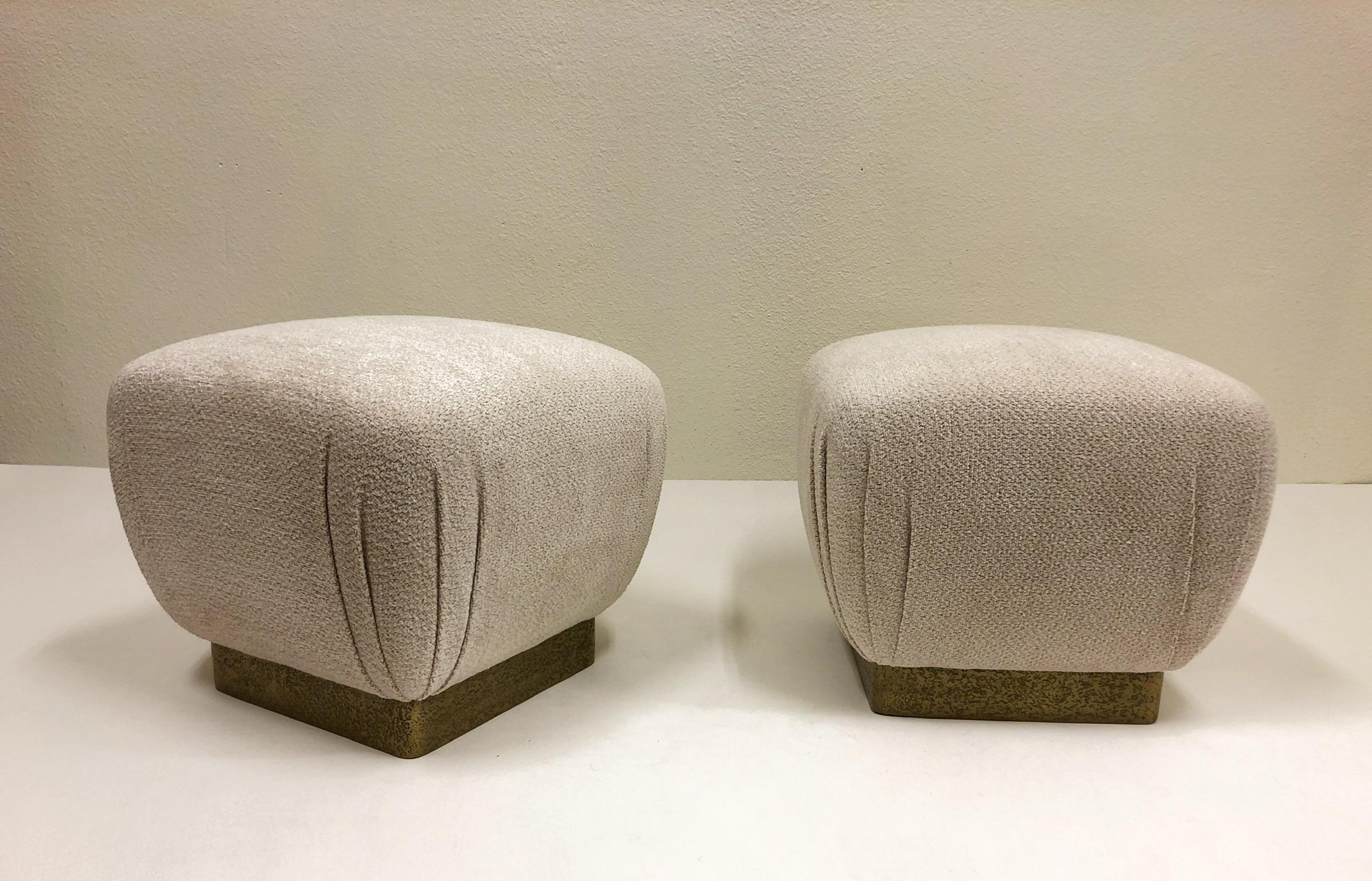 American Pair of Brutalist Brass and Fabric Poufs by Marge Carson