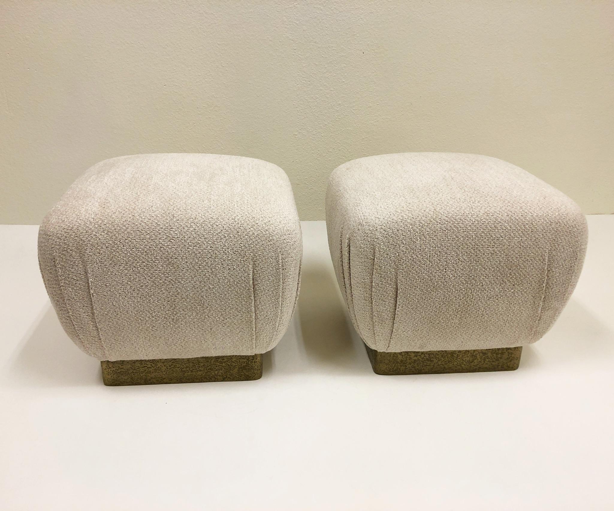 Pair of Brutalist Brass and Fabric Poufs by Marge Carson In Excellent Condition In Palm Springs, CA