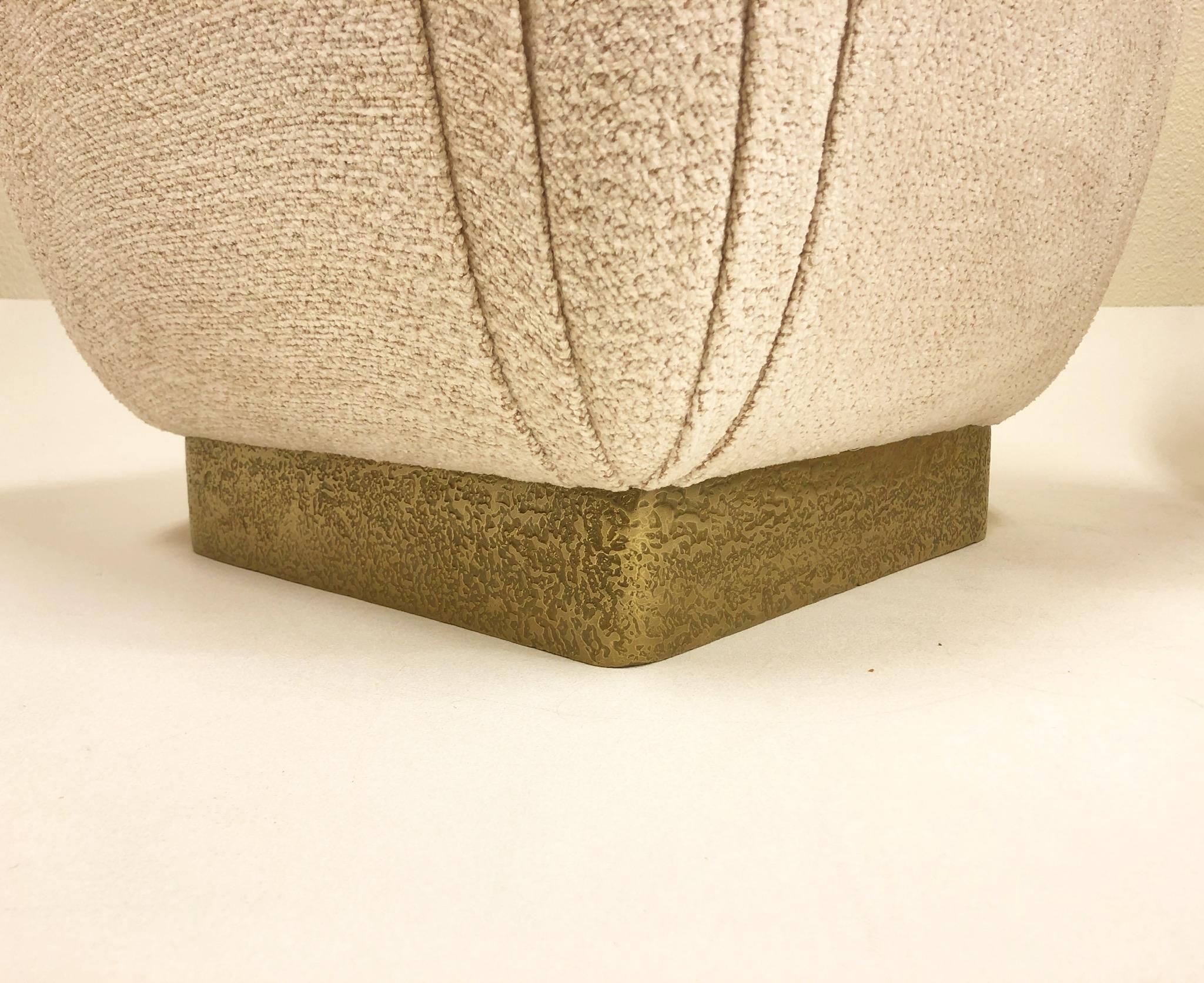 Late 20th Century Pair of Brutalist Brass and Fabric Poufs by Marge Carson