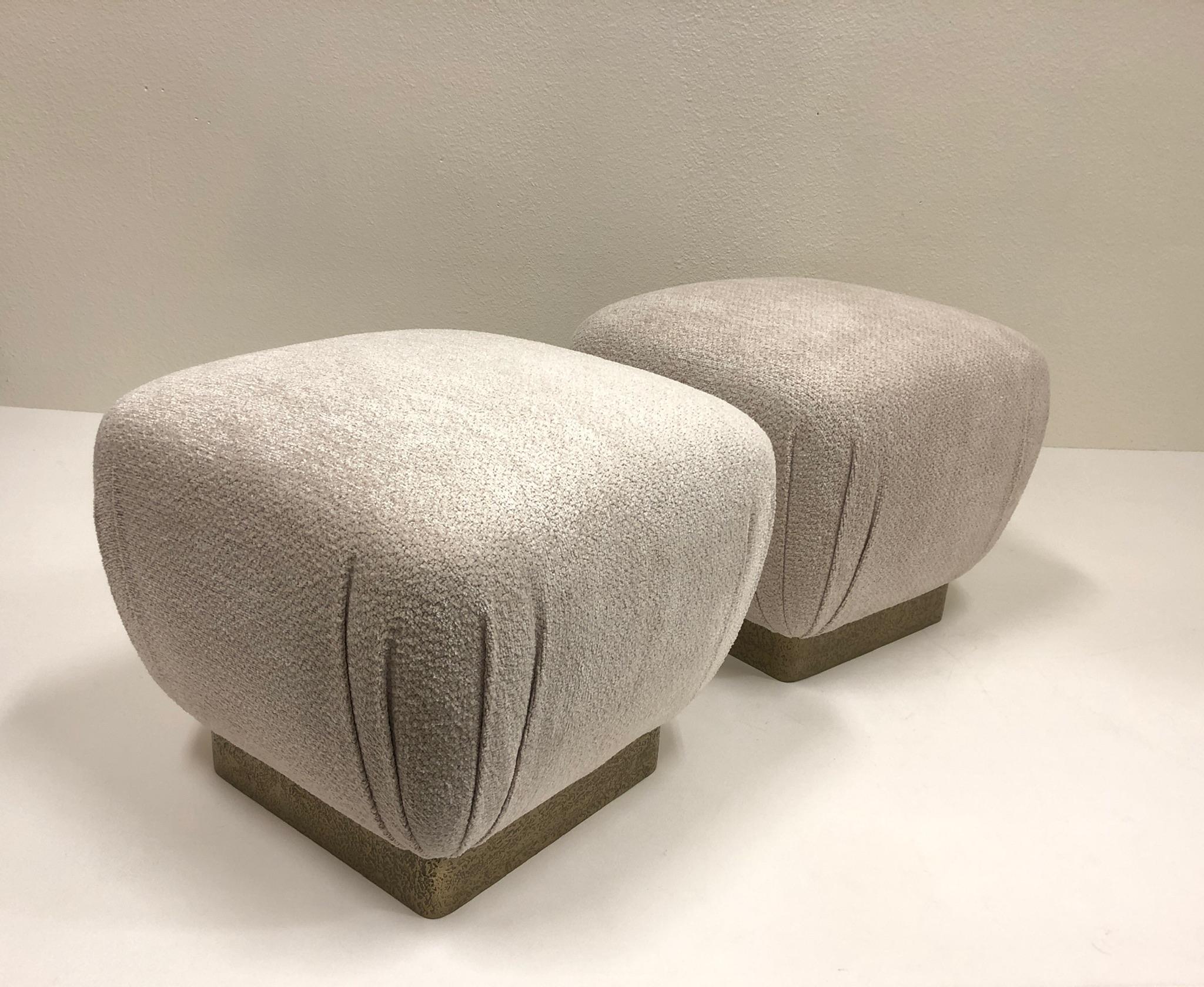 Pair of Brutalist Brass and Fabric Poufs by Marge Carson 2