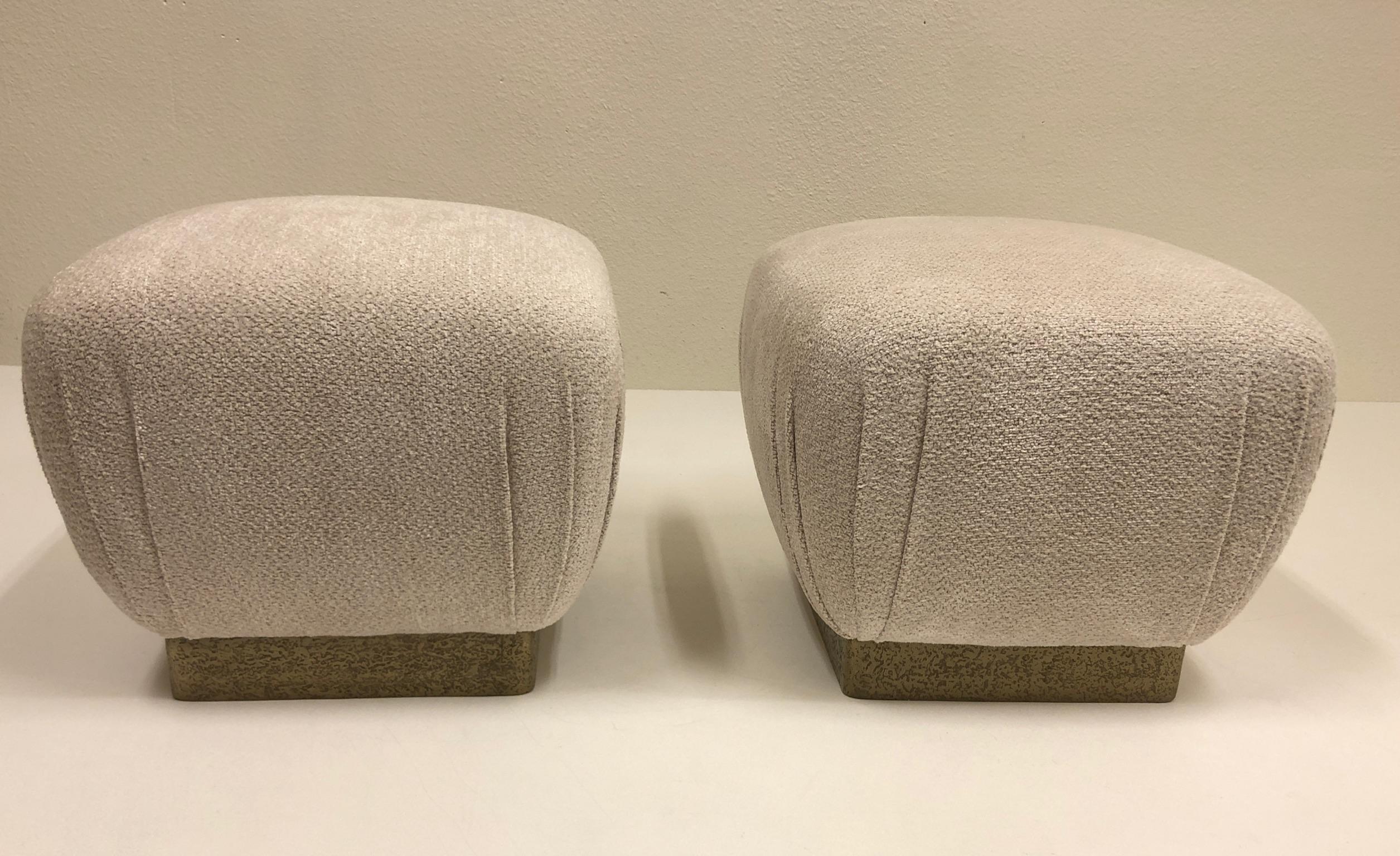 Pair of Brutalist Brass and Fabric Poufs by Marge Carson 3
