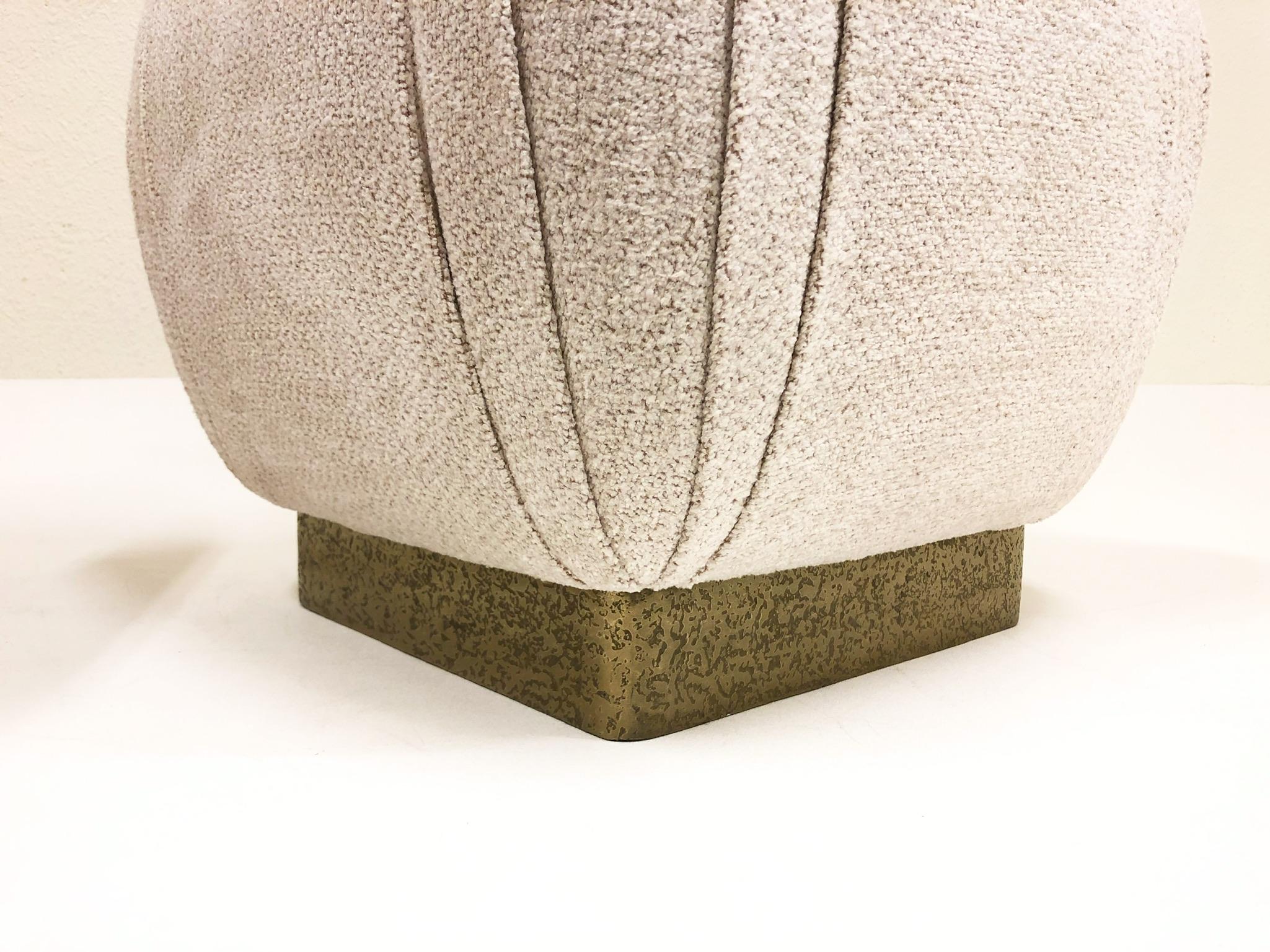 Pair of Brutalist Brass and Fabric Poufs by Marge Carson 4
