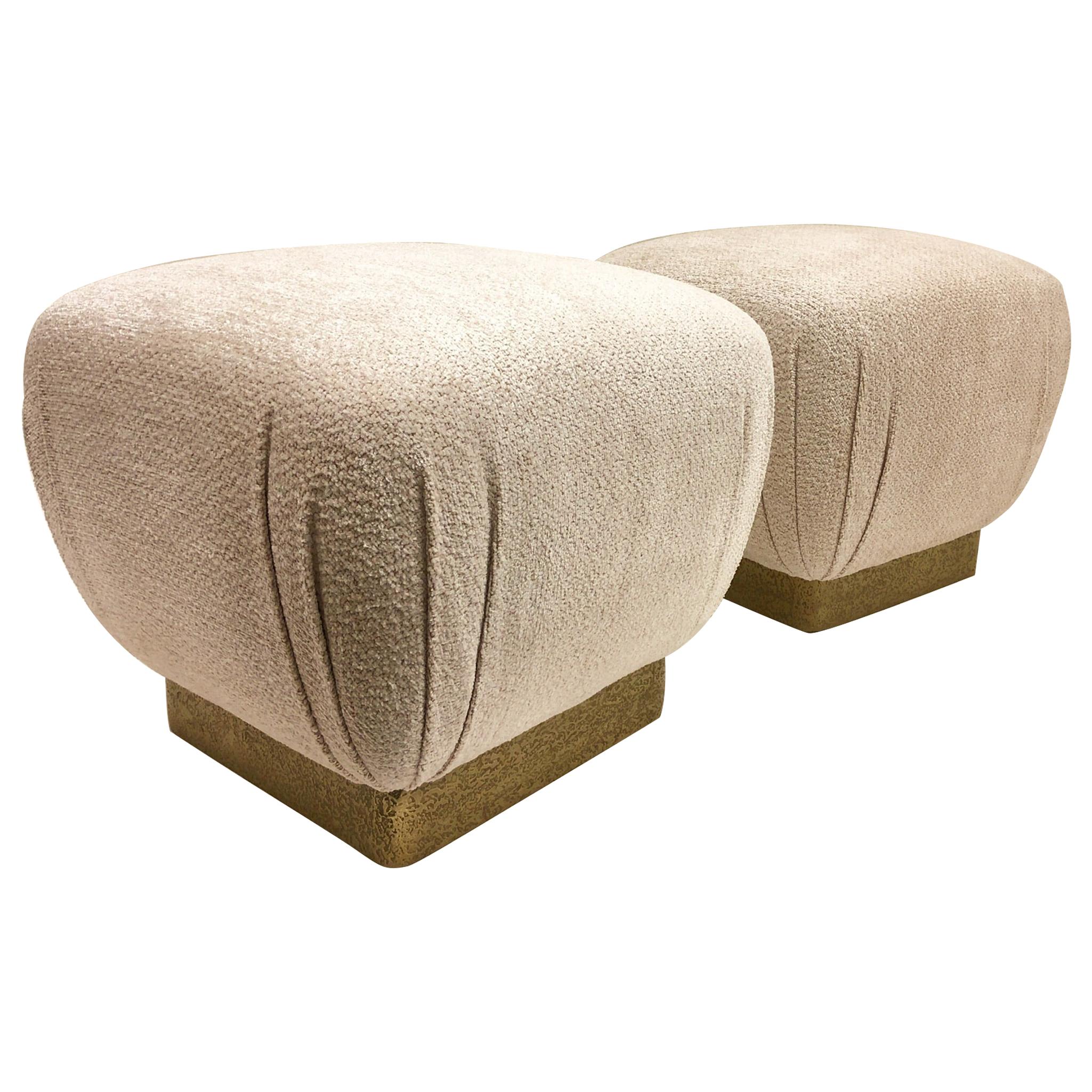 Pair of Brutalist Brass and Fabric Poufs by Marge Carson