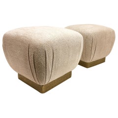 Pair of Brutalist Brass and Fabric Poufs by Marge Carson