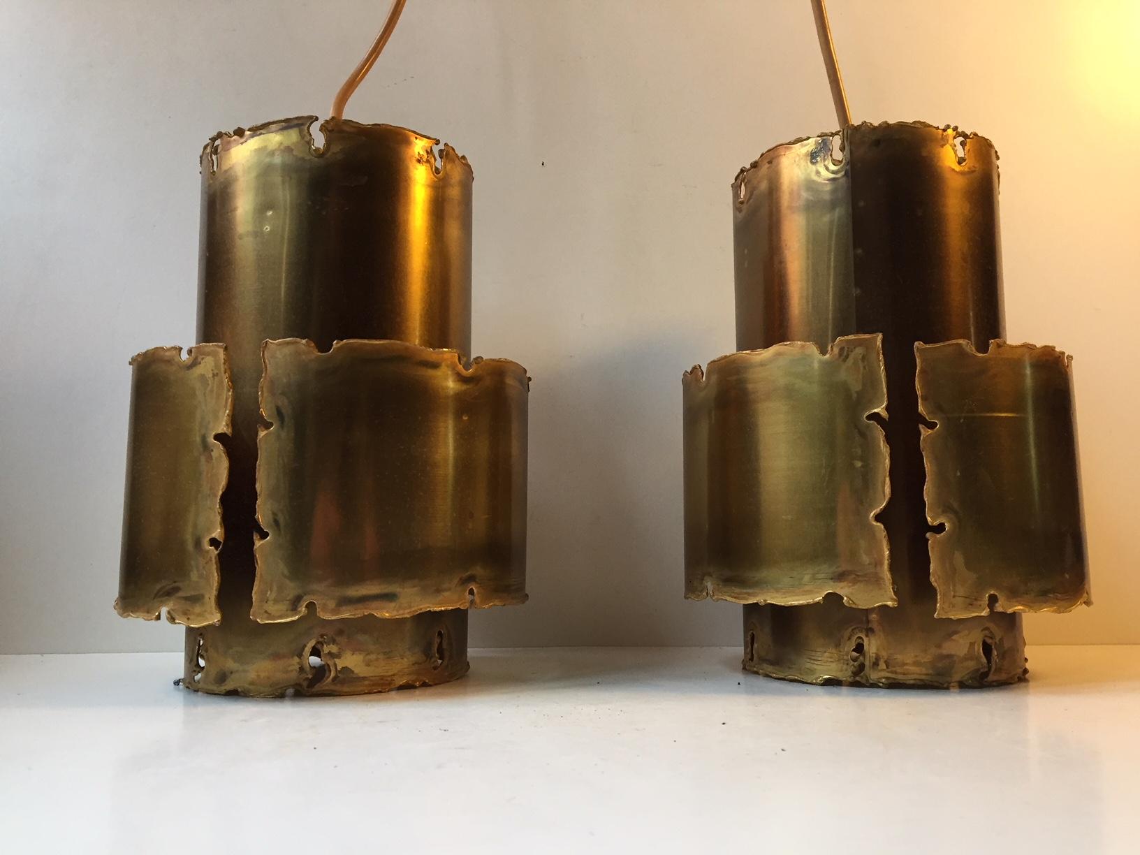 Danish Pair of Brutalist Brass Pendant Lamps by Svend Aage Holm Sørensen, 1960s