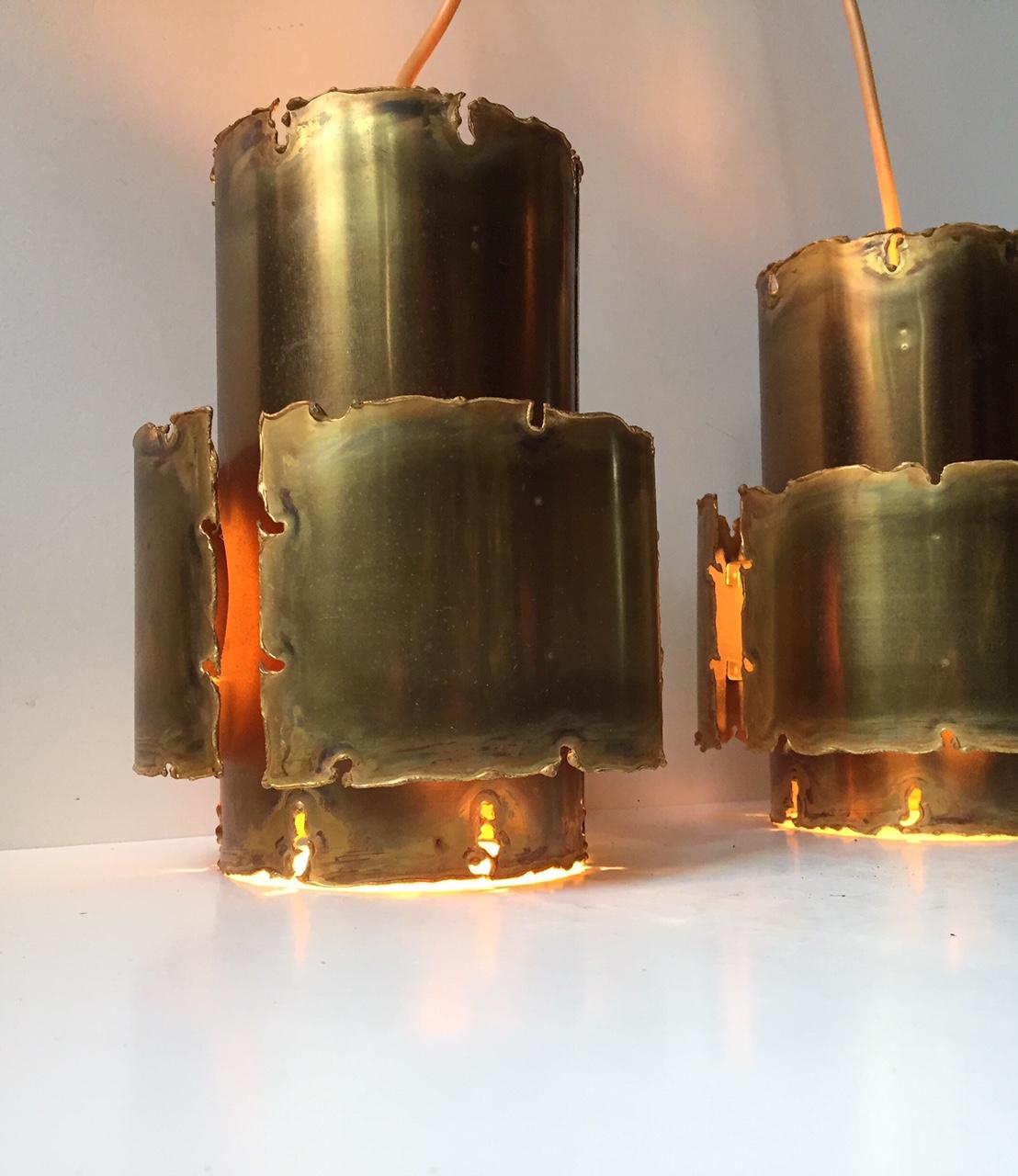 Pair of Brutalist Brass Pendant Lamps by Svend Aage Holm Sørensen, 1960s In Excellent Condition In Esbjerg, DK