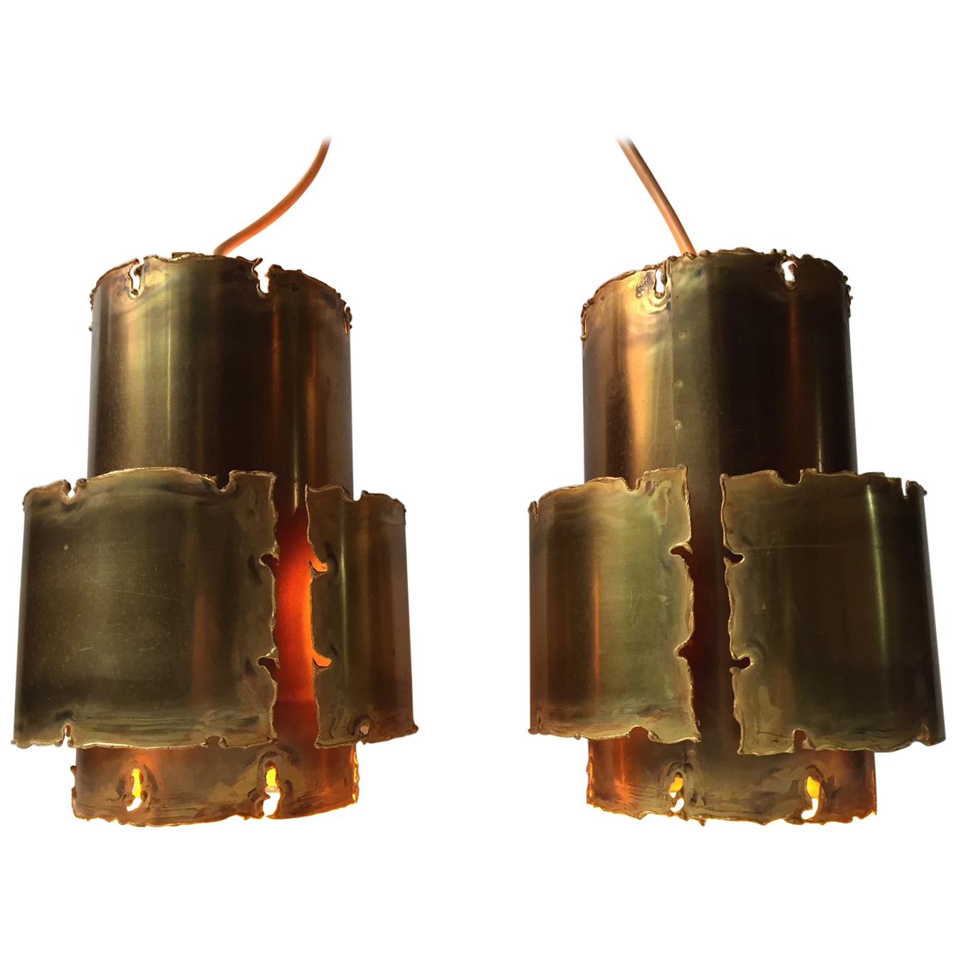 Pair of Brutalist Brass Pendant Lamps by Svend Aage Holm Sørensen, 1960s