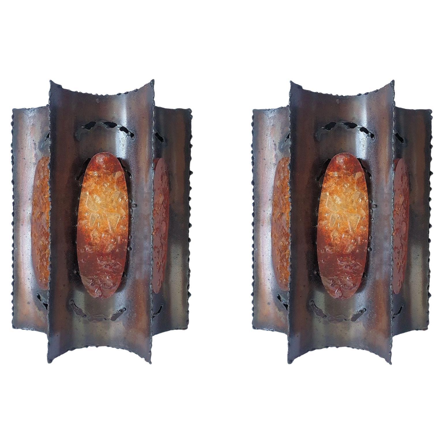 Pair of Brutalist brass sconces, France 1960s