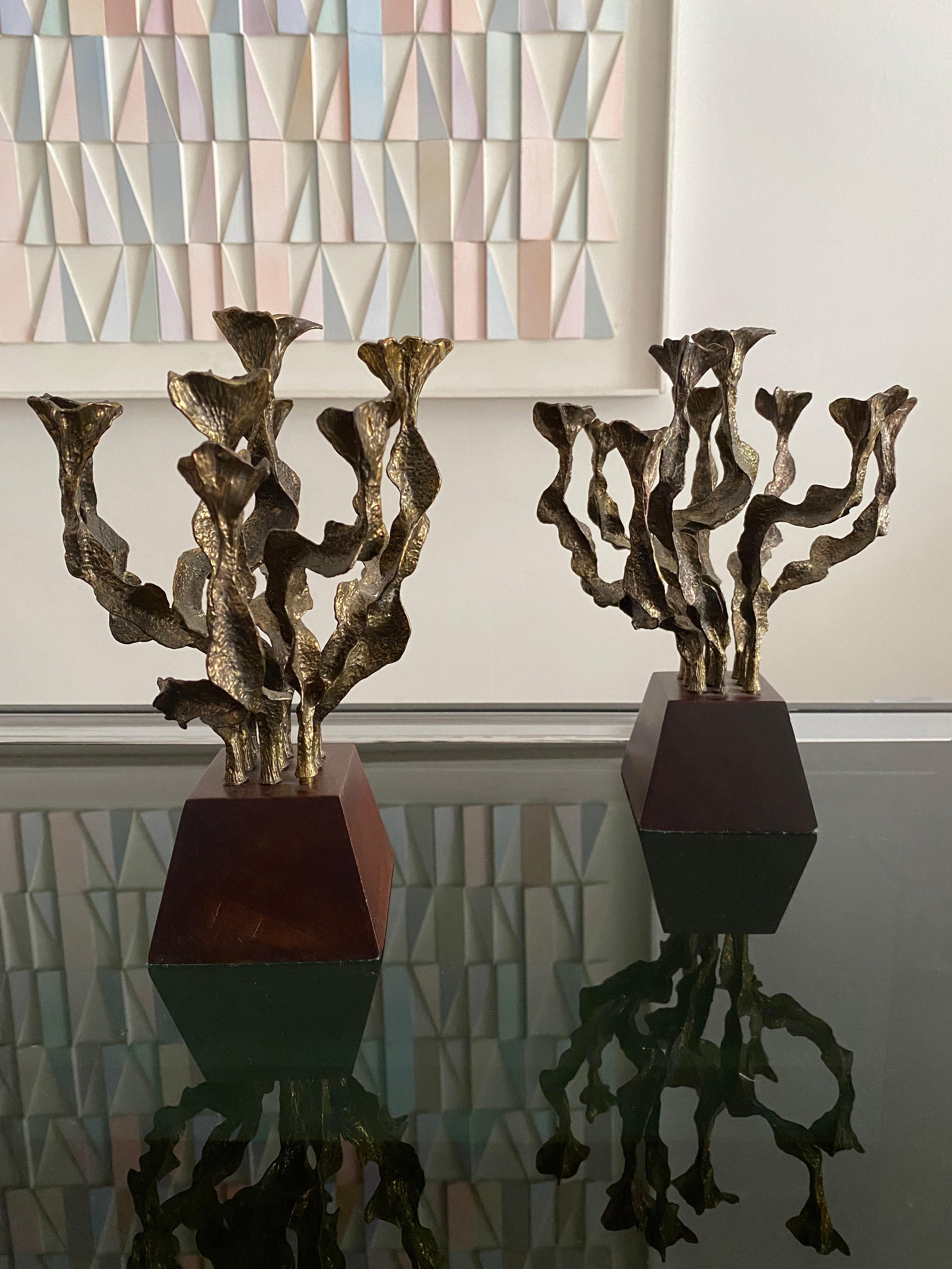 French Pair of Brutalist Bronze Candlesticks For Sale