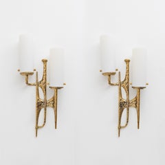 Pair of Brutalist Bronze Wall and Murano glass Sconces by Felix Agostini, 1990s