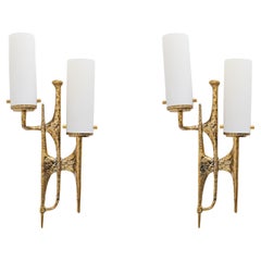 Pair of Brutalist Bronze Wall and Murano glass Sconces by Felix Agostini, 1990s