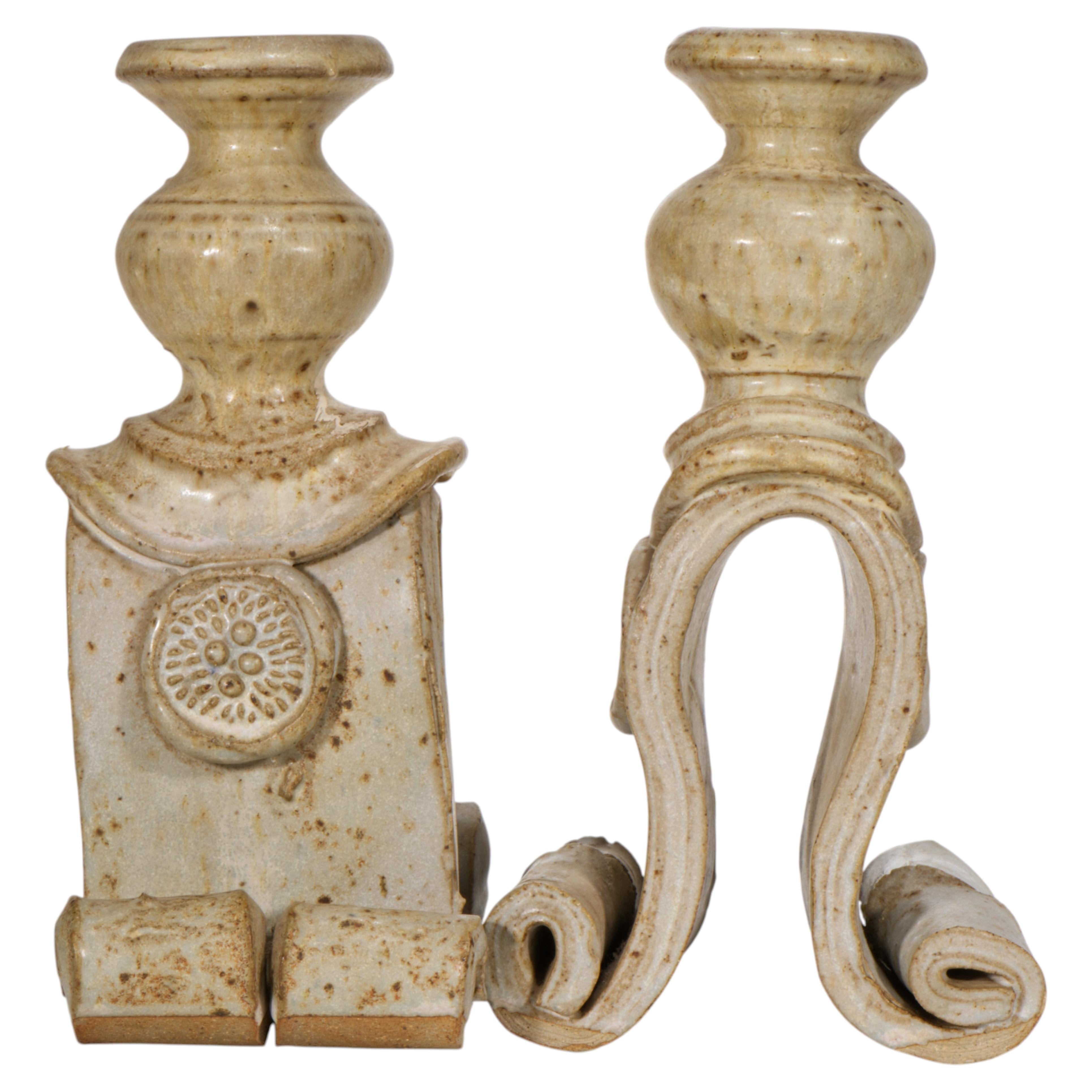Pair of Brutalist Candle Holders, American Studio Art Pottery