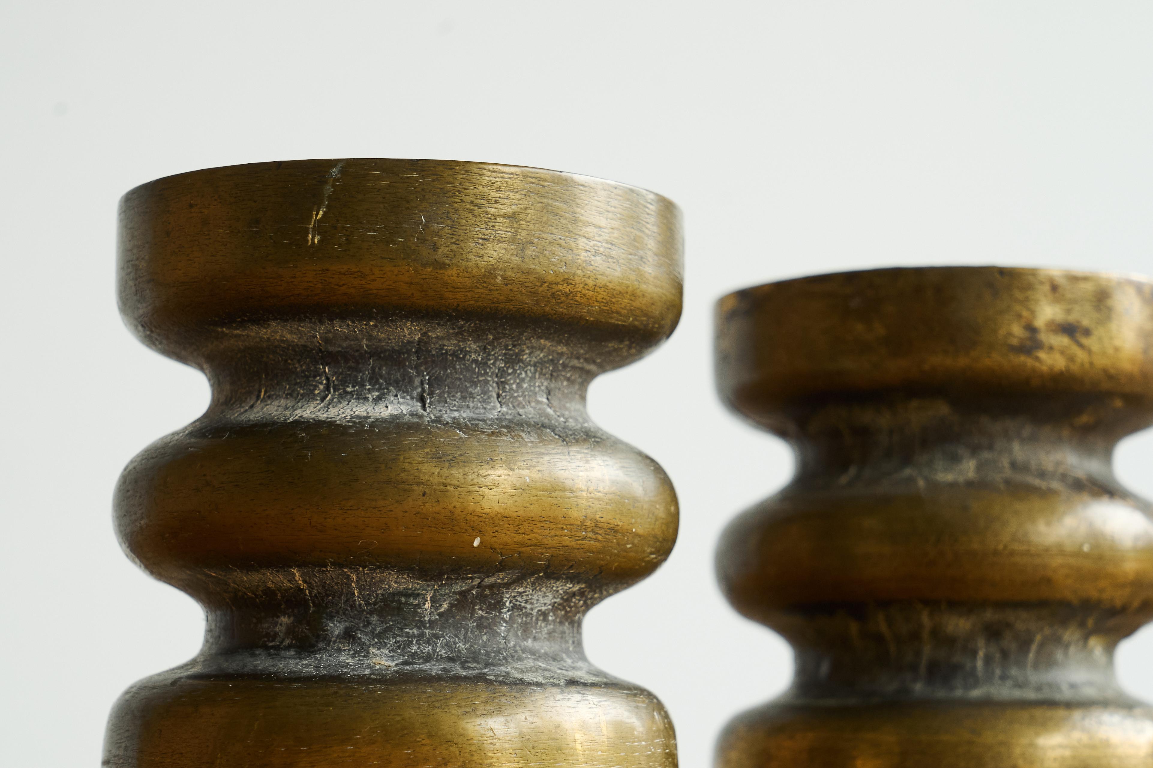 European Pair of Brutalist Candle Holders in Patinated Bronze 1960s For Sale