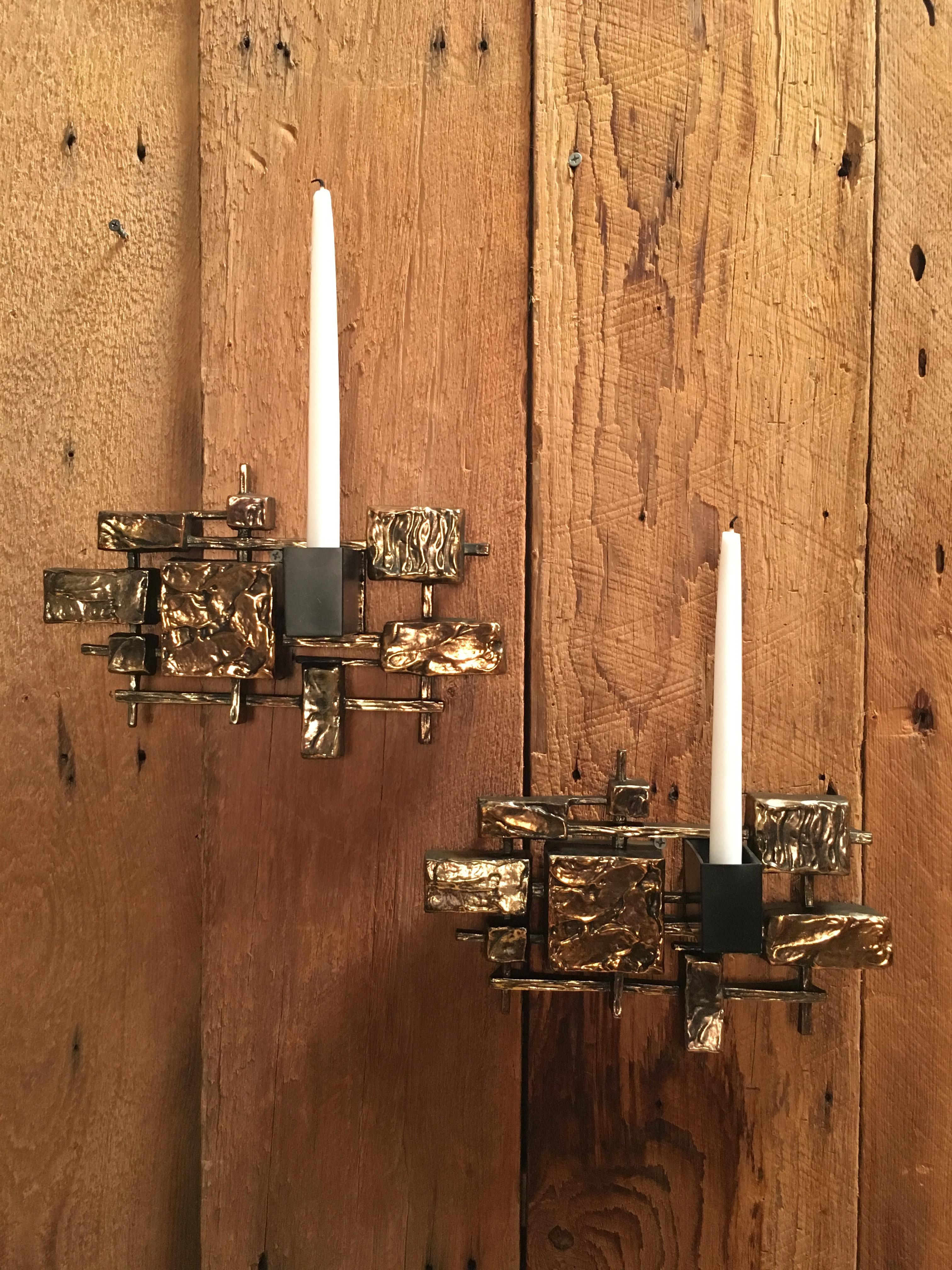 Pair of Brutalist Candle Sconces by Syroco 4