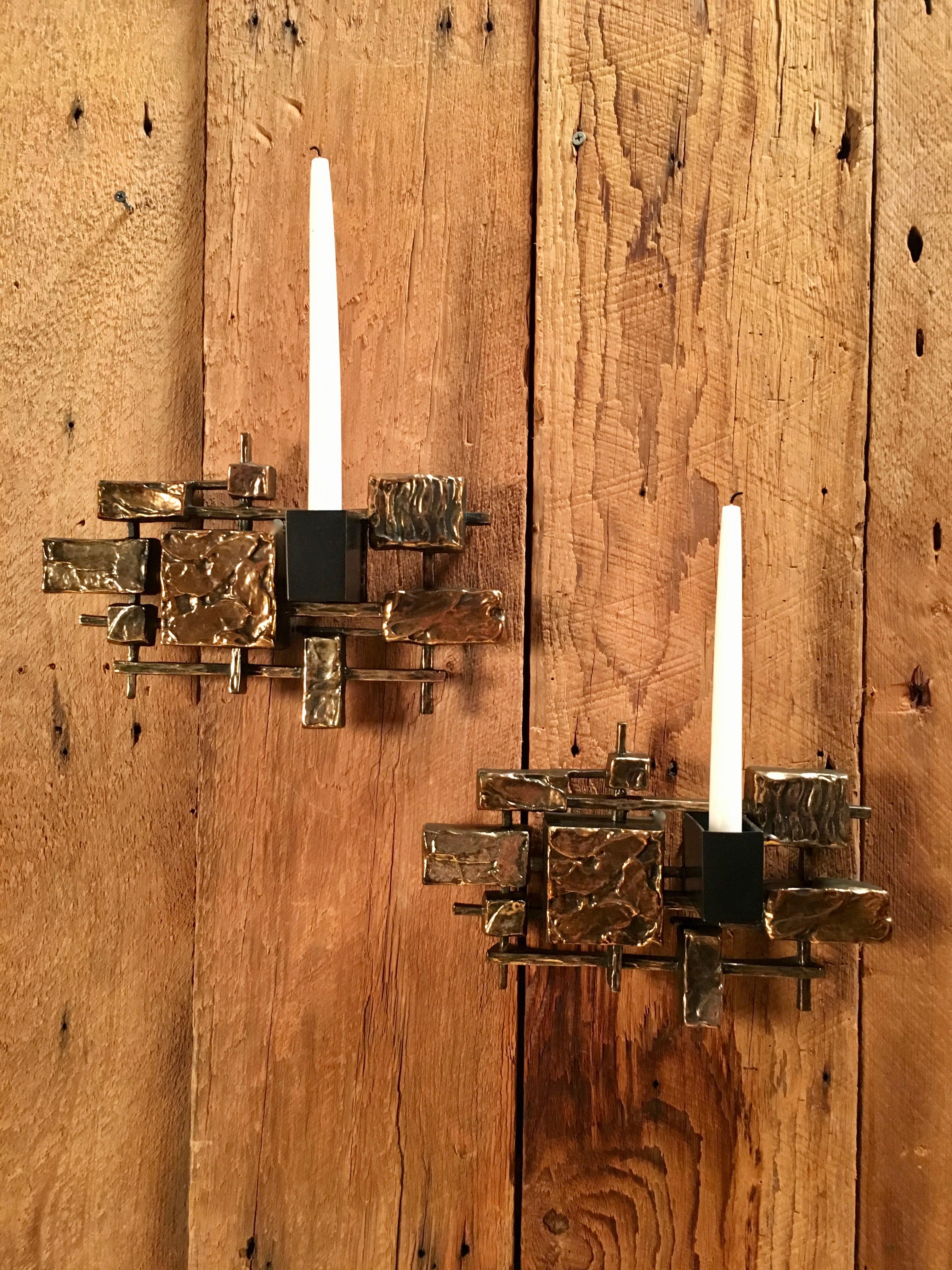 Pair of Brutalist Candle Sconces by Syroco 5