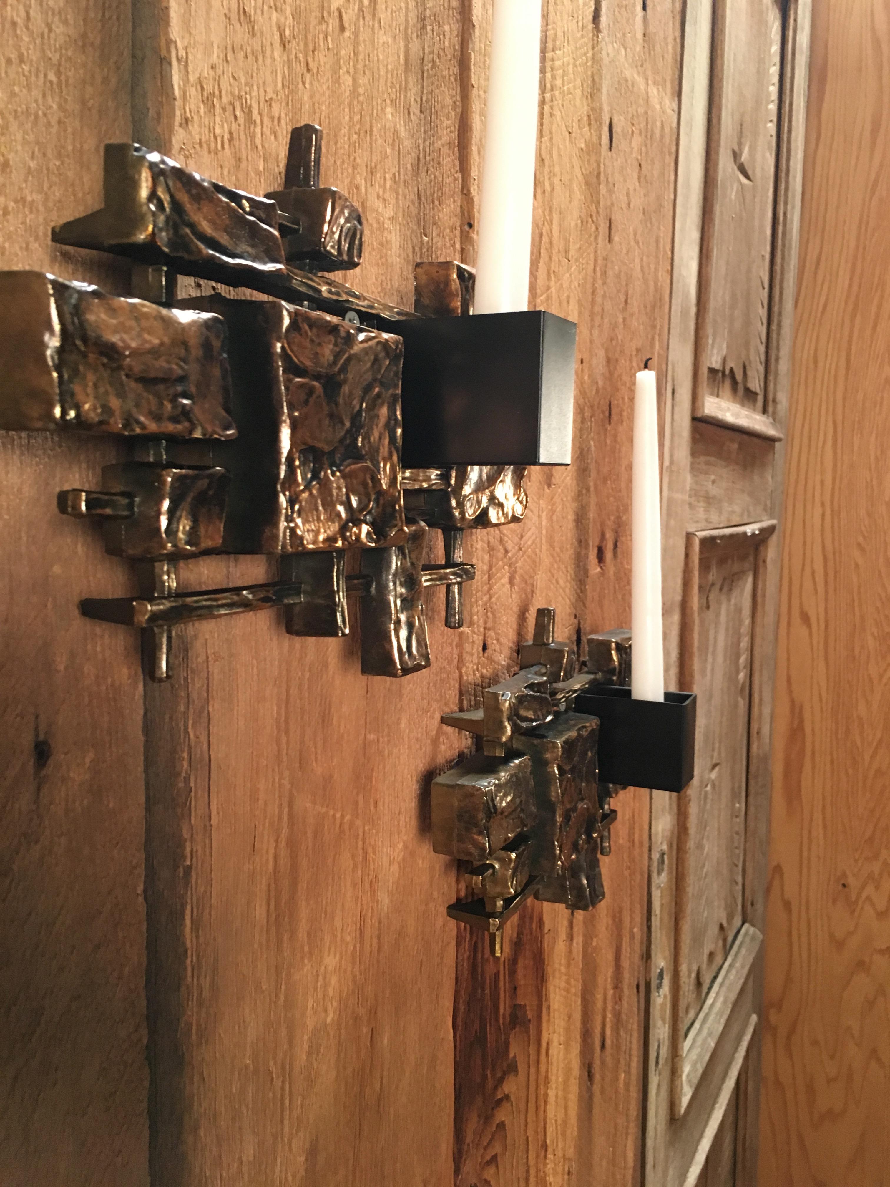 Pair of Brutalist Candle Sconces by Syroco In Good Condition In Denton, TX