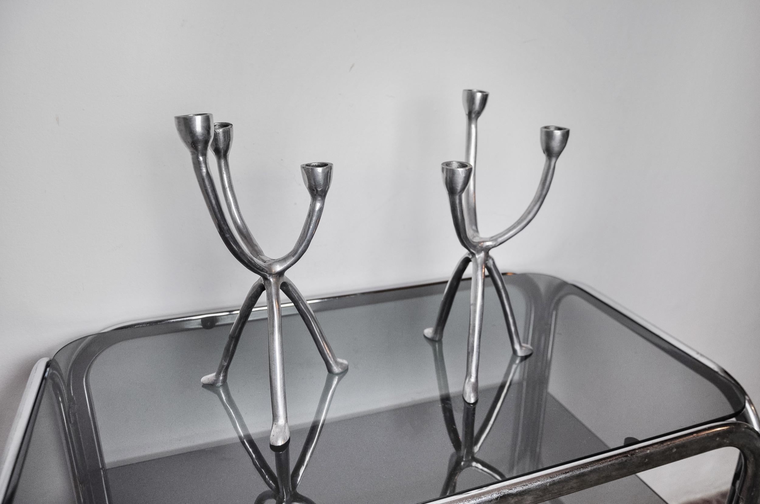 Pair of Brutalist Candlesticks 3 Arms, Denmark, 1970 In Good Condition For Sale In BARCELONA, ES