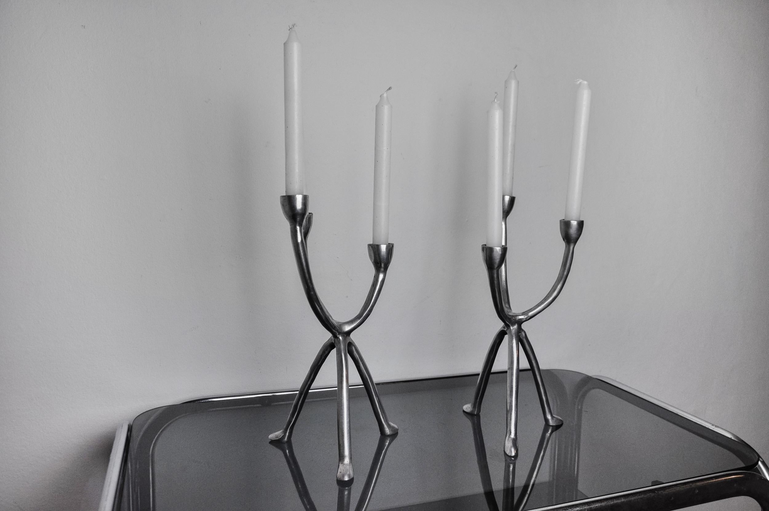 Metal Pair of Brutalist Candlesticks 3 Arms, Denmark, 1970 For Sale