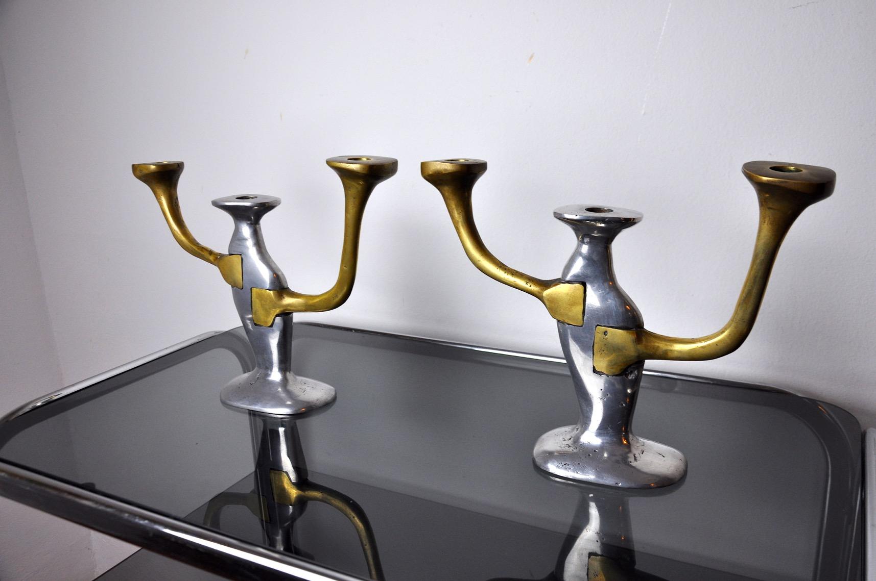 Spanish Pair of Brutalist Candlesticks by David Marshall, 1980, Spain For Sale