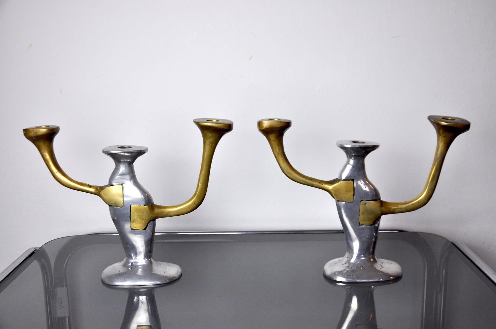 Hollywood Regency Pair of Brutalist Candlesticks by David Marshall, 1980, Spain For Sale
