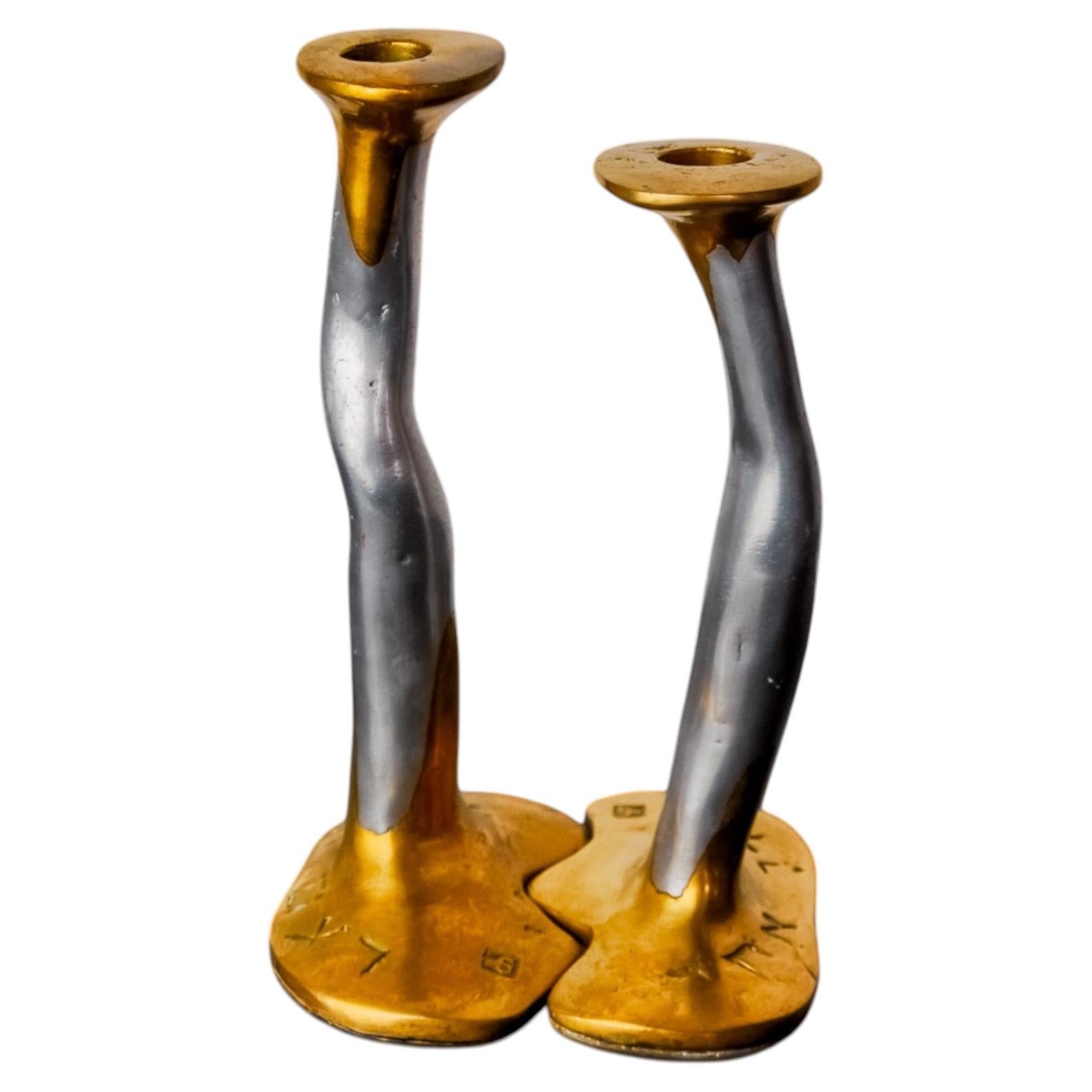 Pair of Brutalist Candlesticks by David Marshall Bronze and Aluminum Spain, 1980