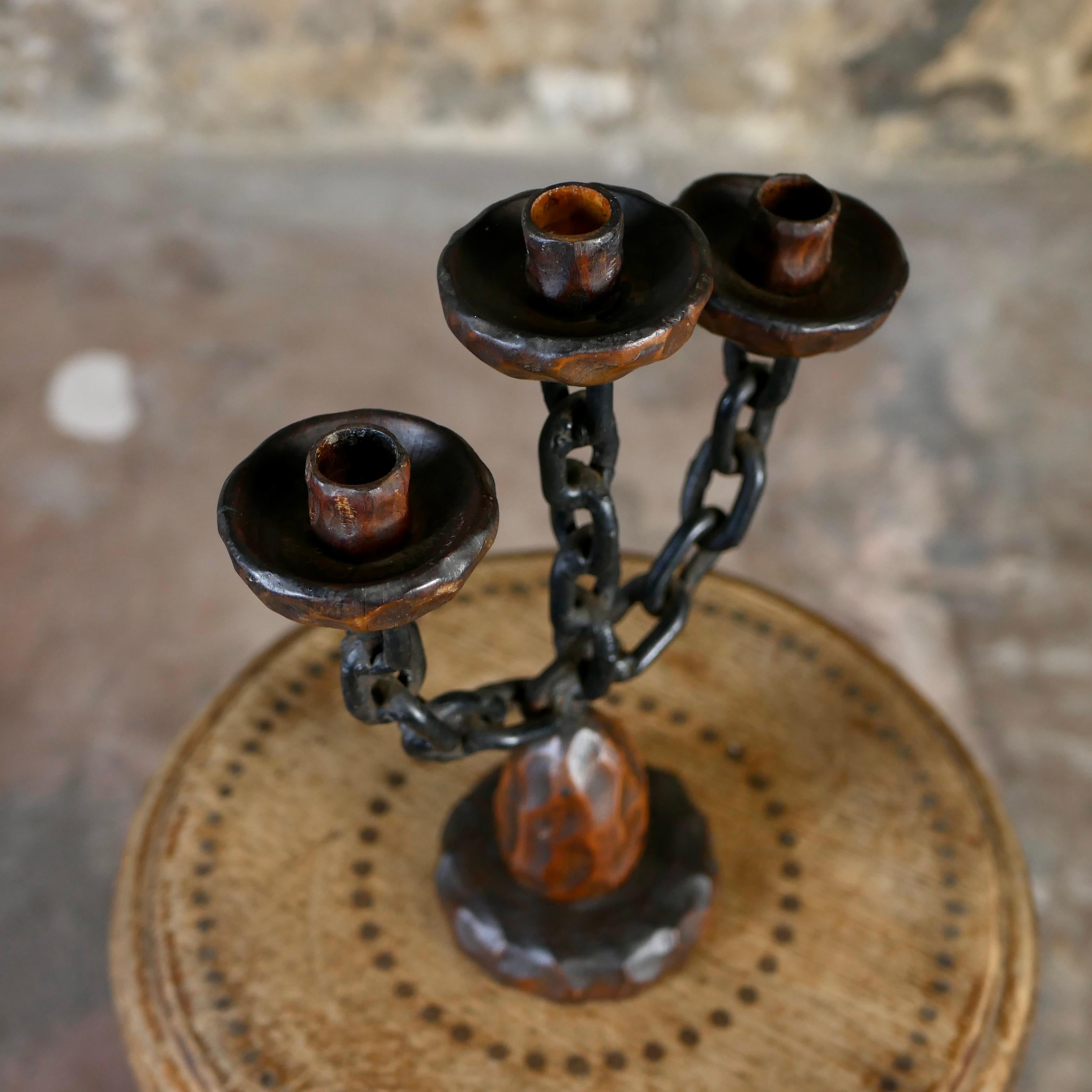 Pair of brutalist candlesticks in wood and wrought iron, Spain, 1970s For Sale 7
