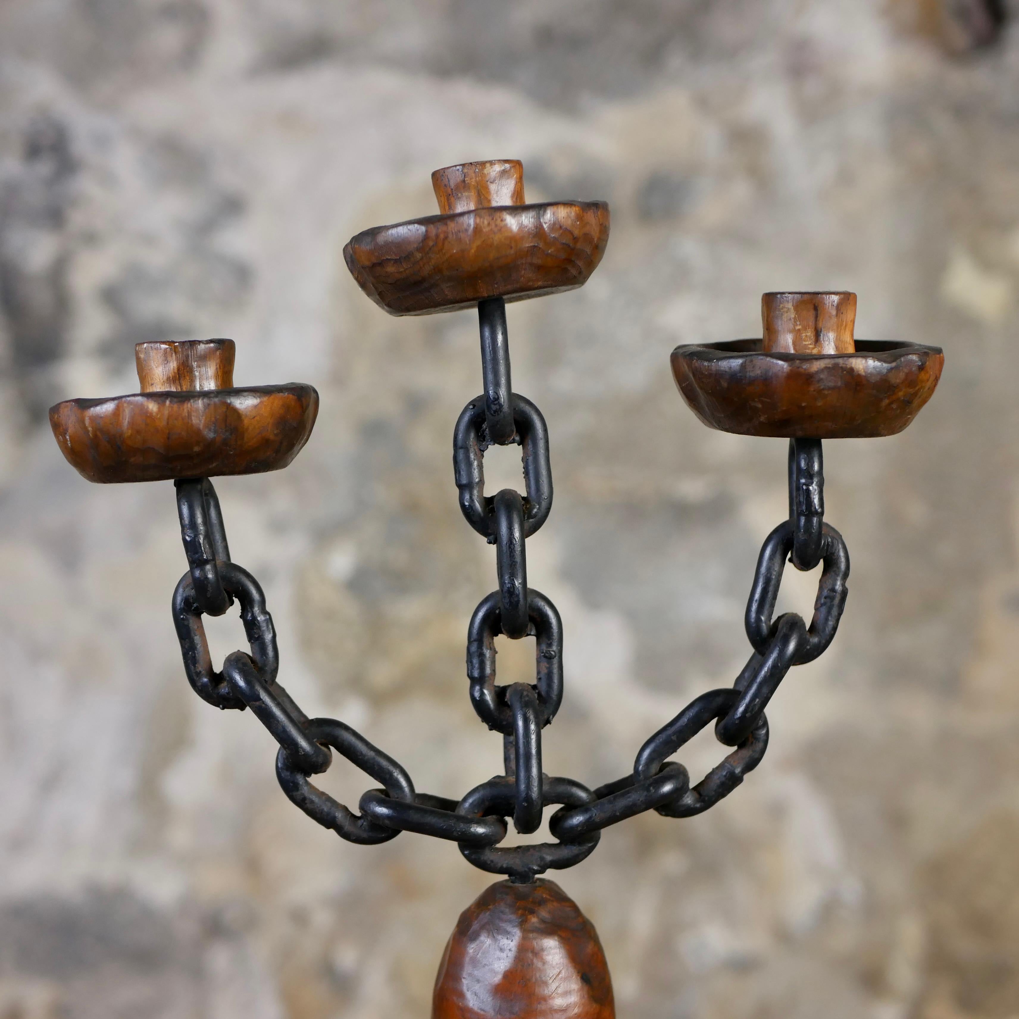 Late 20th Century Pair of brutalist candlesticks in wood and wrought iron, Spain, 1970s For Sale
