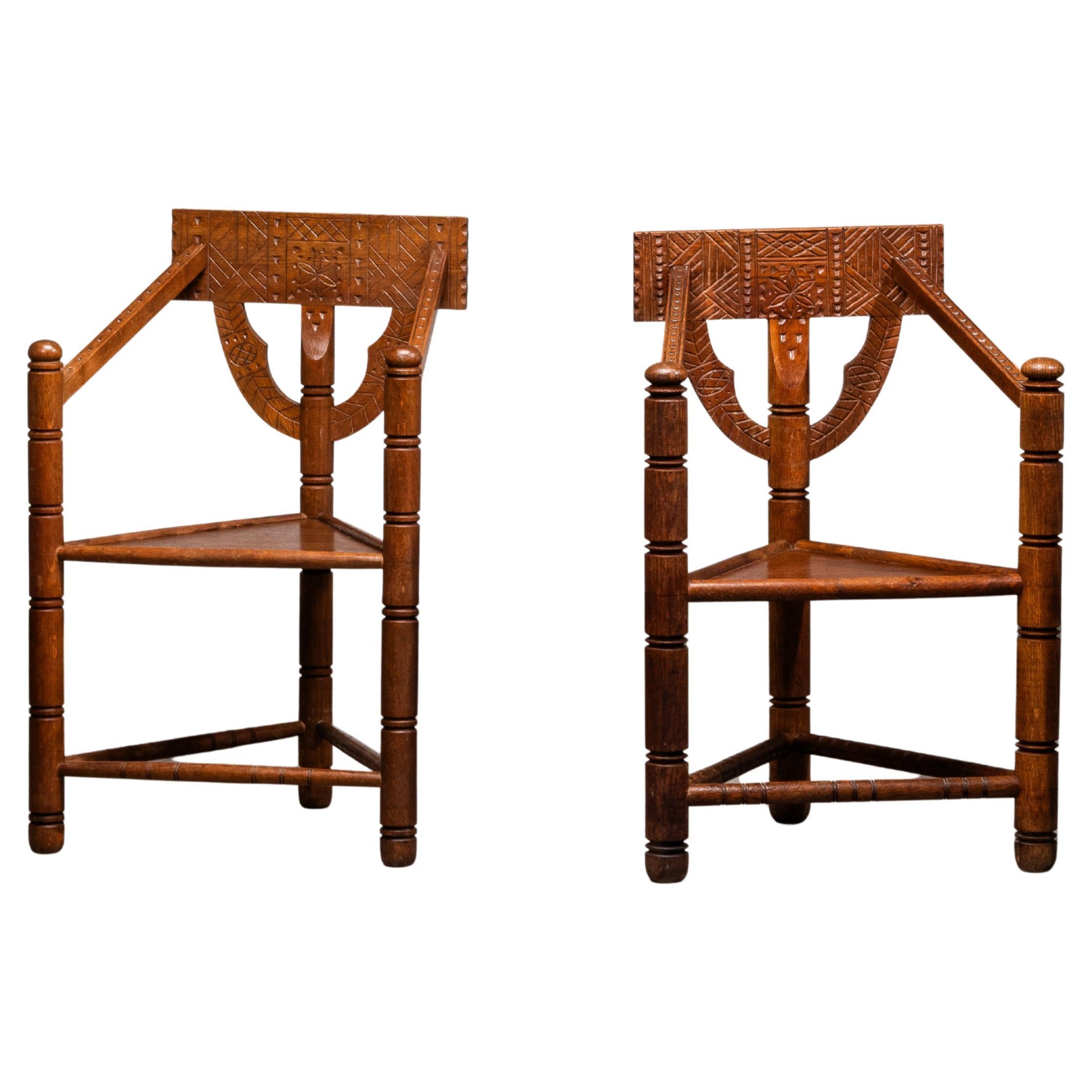 Pair of Brutalist Carved Oak Monk Chairs, Sweden, Early 1900s