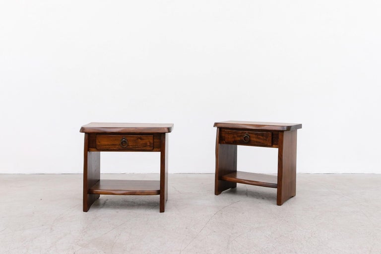 Pair of Brutalist carved oak night stands. Drawer is 13/25 w/ x 3.5 (front) 2.125 deep. In original condition with visible wear, consistent with age and use.